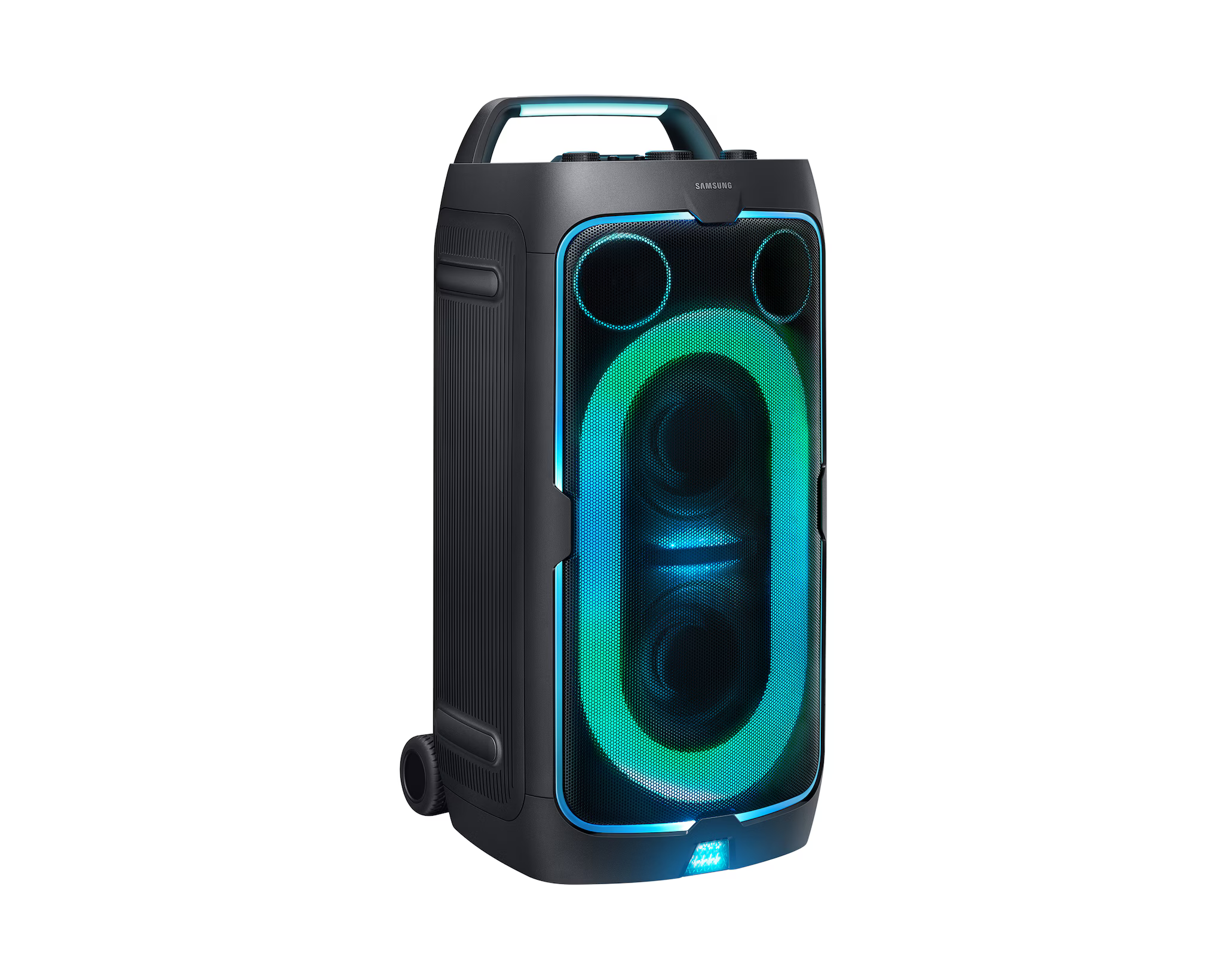 Fekete Samsung Bluetooth hangszóró kék és zöld világítással, fogantyúval és kerekekkel, fehér háttéren.