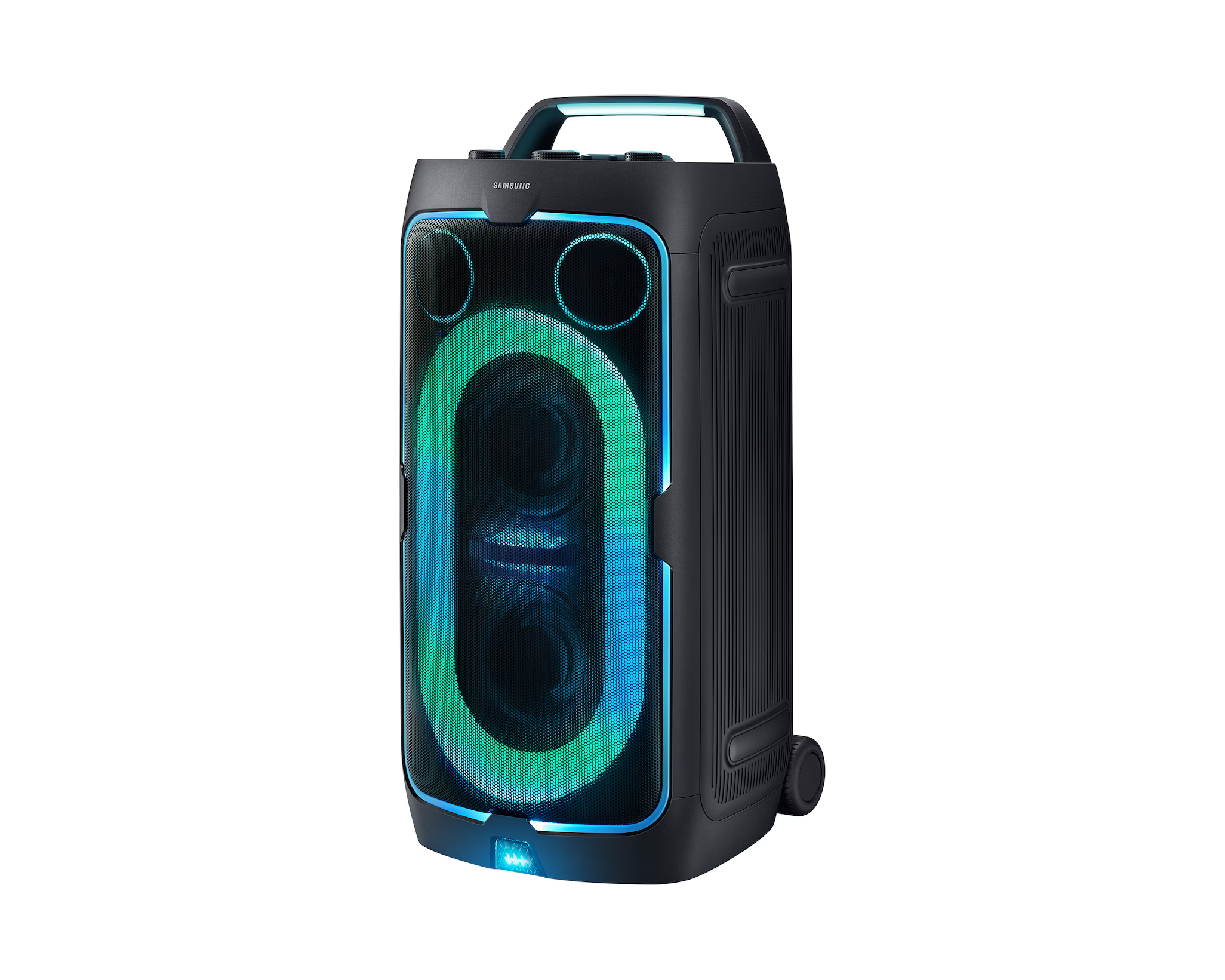 Fekete Samsung partihangszóró zöld és kék fényekkel. Fogantyúval, kerekekkel és hangszóróráccsal rendelkezik.