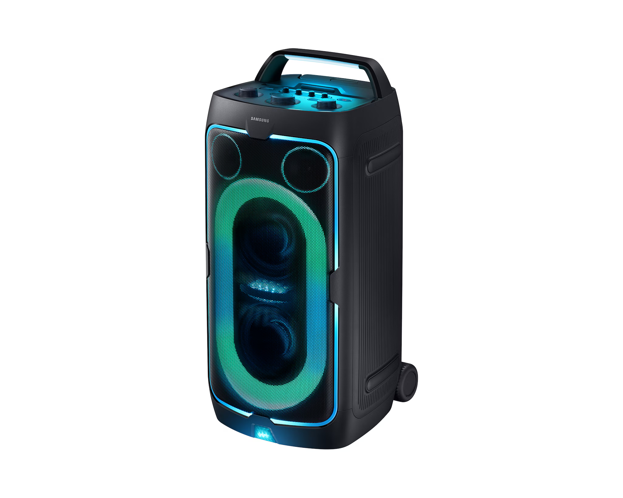 Fekete Samsung partihangszóró fogantyúval, kerekekkel, kék és zöld fénnyel.