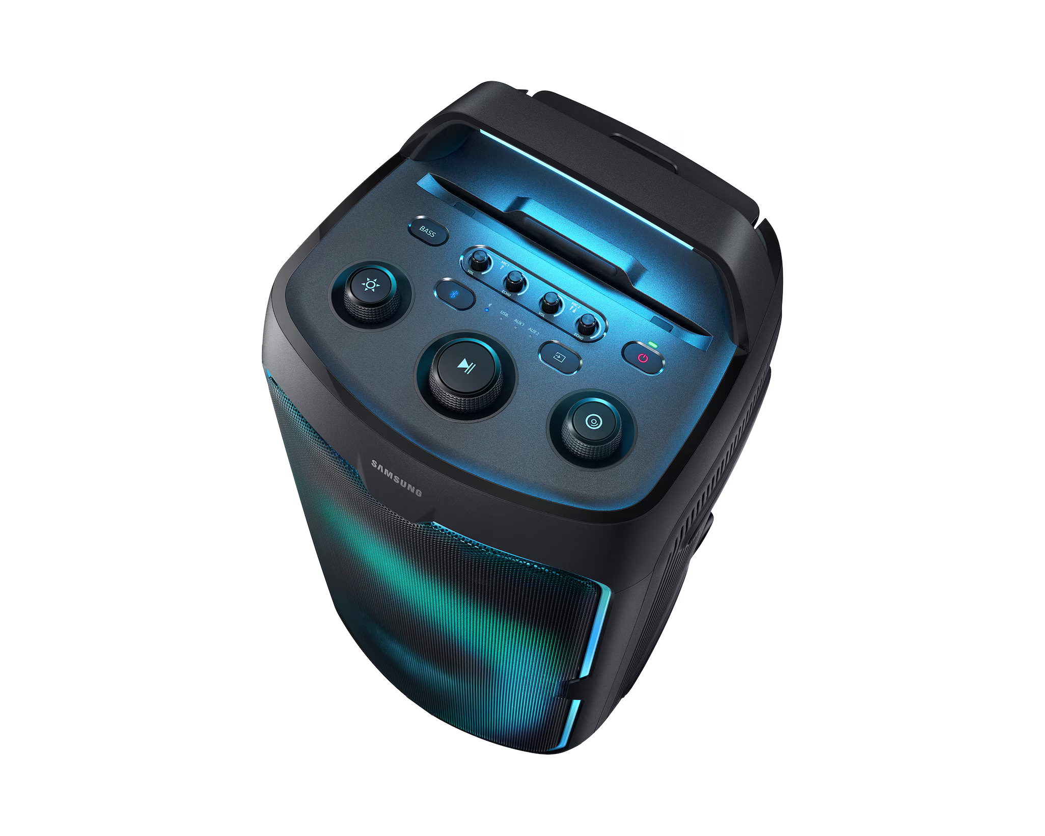 Fekete Samsung partihangszóró kék és zöld fényekkel. A felső panelen vezérlőgombok találhatók.