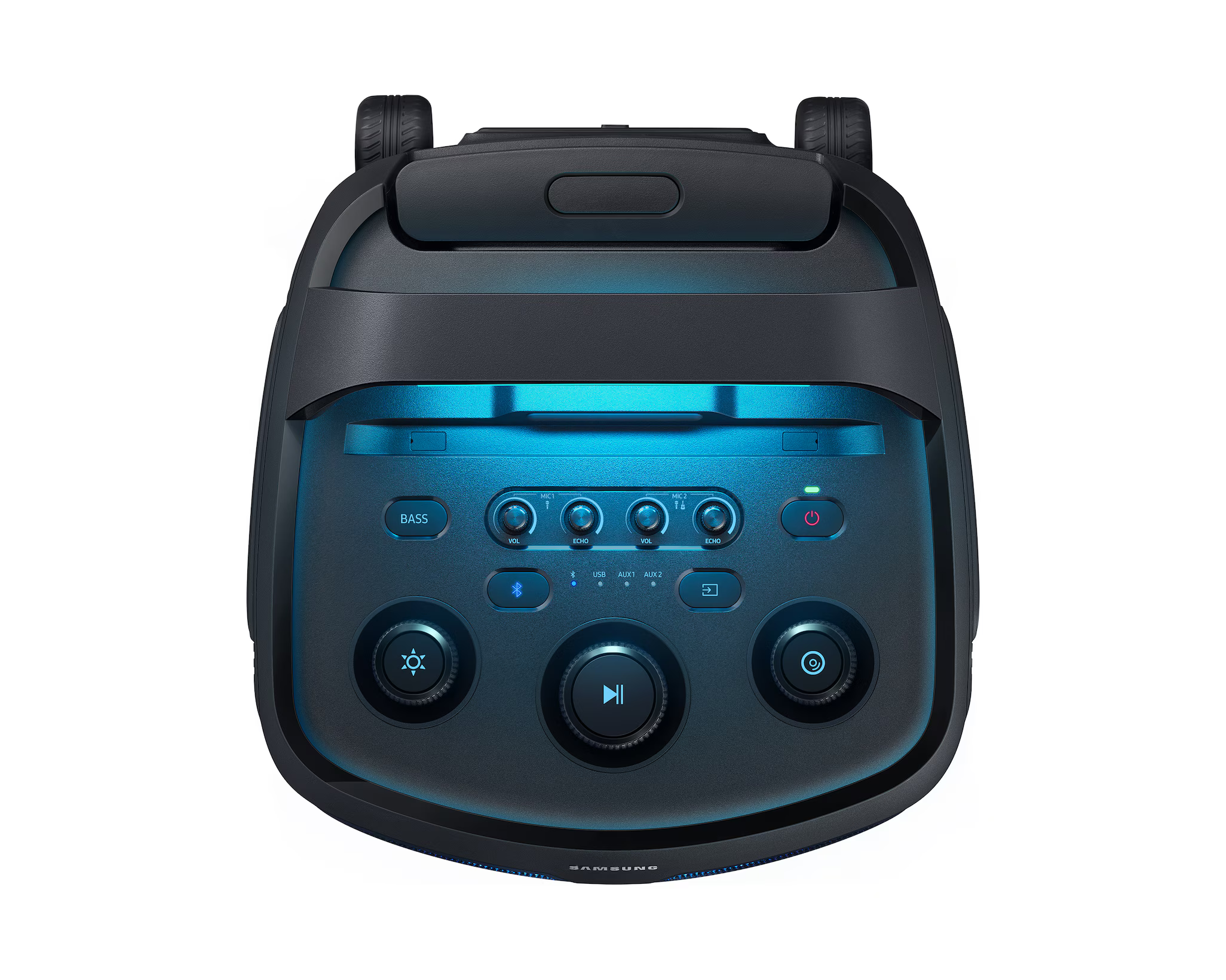 Felülnézet egy fekete Samsung partihangszóróról. Vezérlőgombokkal és kék fénnyel rendelkezik. A hangszóró fehér háttéren van.