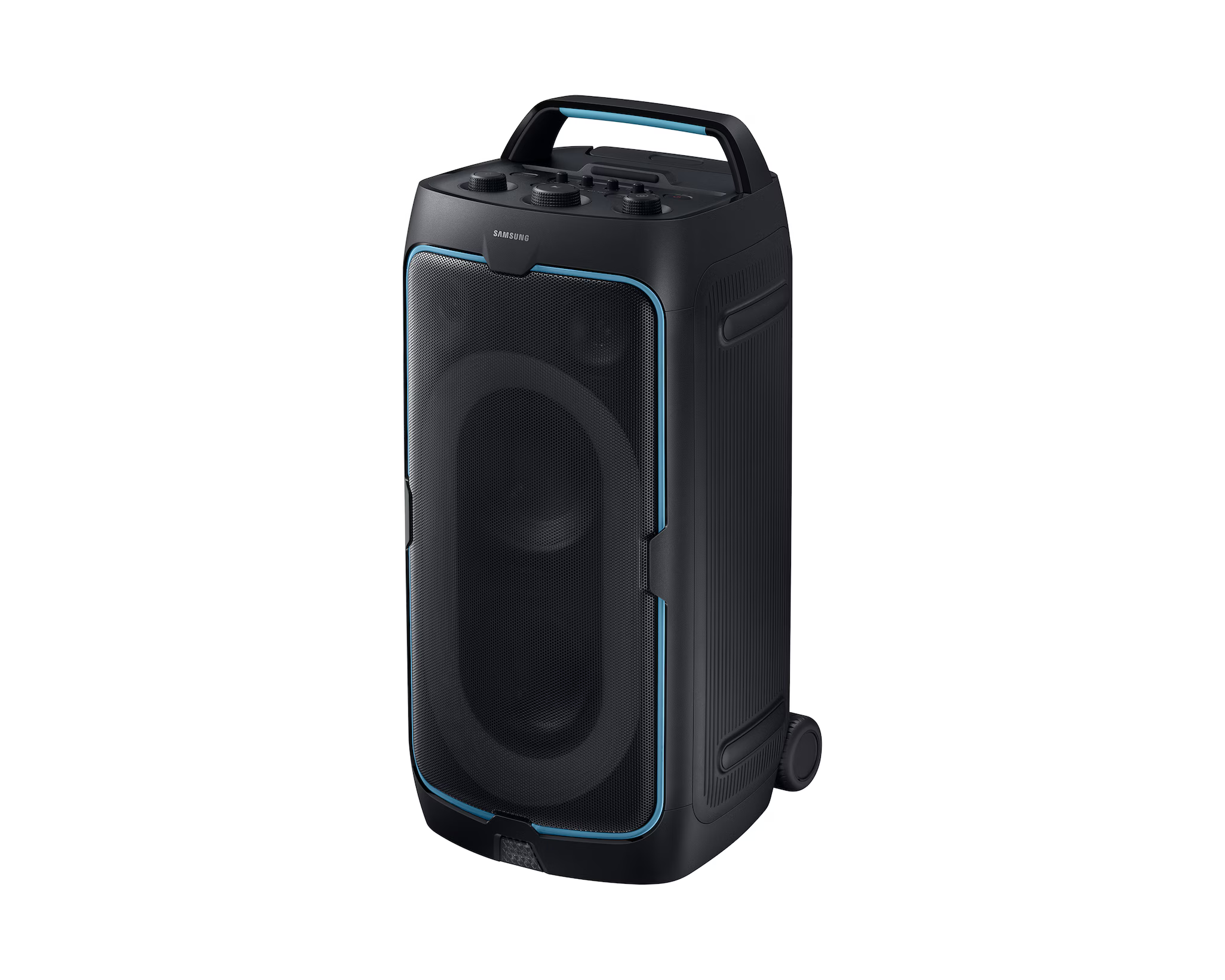 Fekete Samsung partihangszóró kék díszítéssel, fogantyúval és kerekekkel. Hangszóróhálóval és gombokkal.