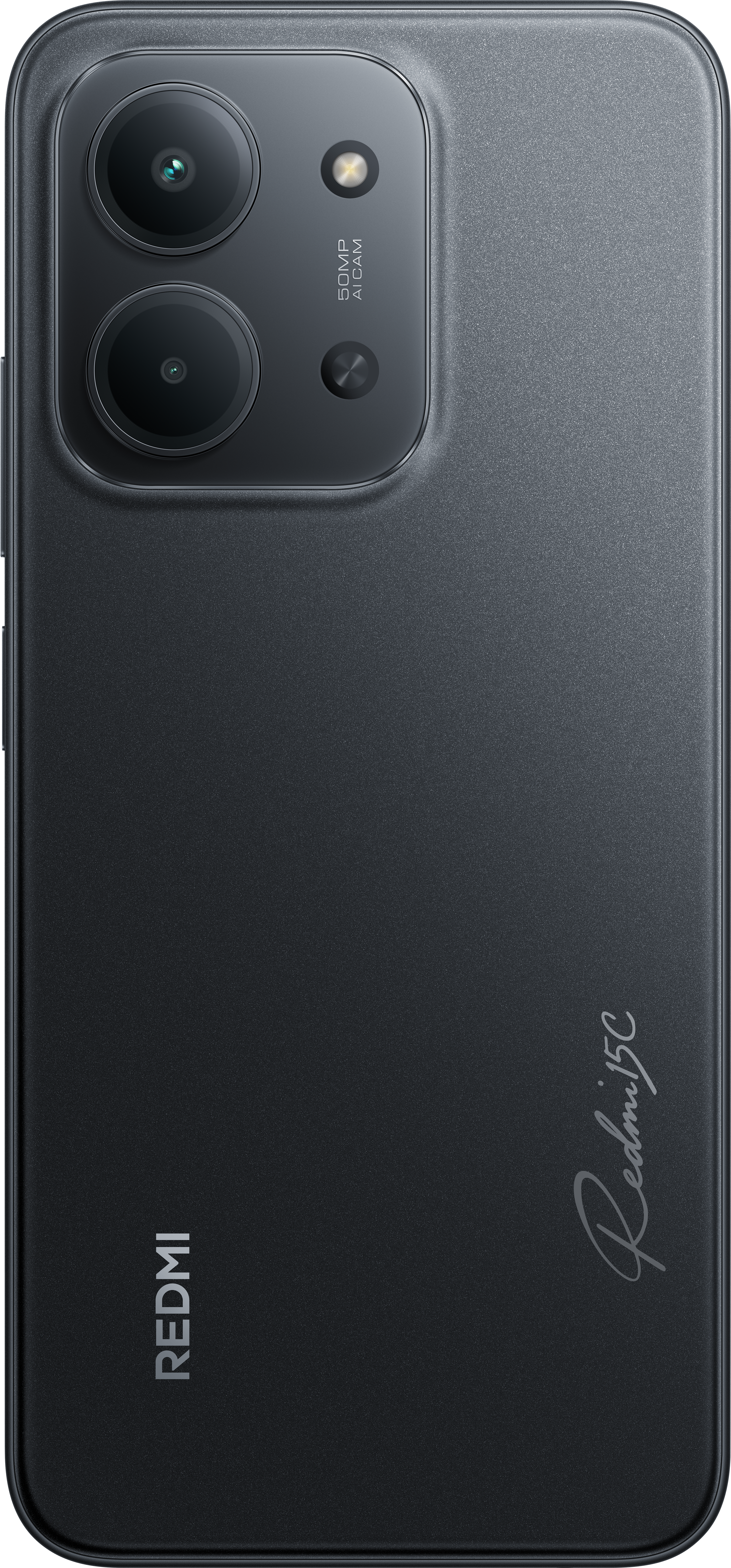 Schwarze Smartphone-Rückseite mit zwei Kameralinsen, einem Blitz und dem Redmi 15C-Logo. Redmi-Logo sichtbar.