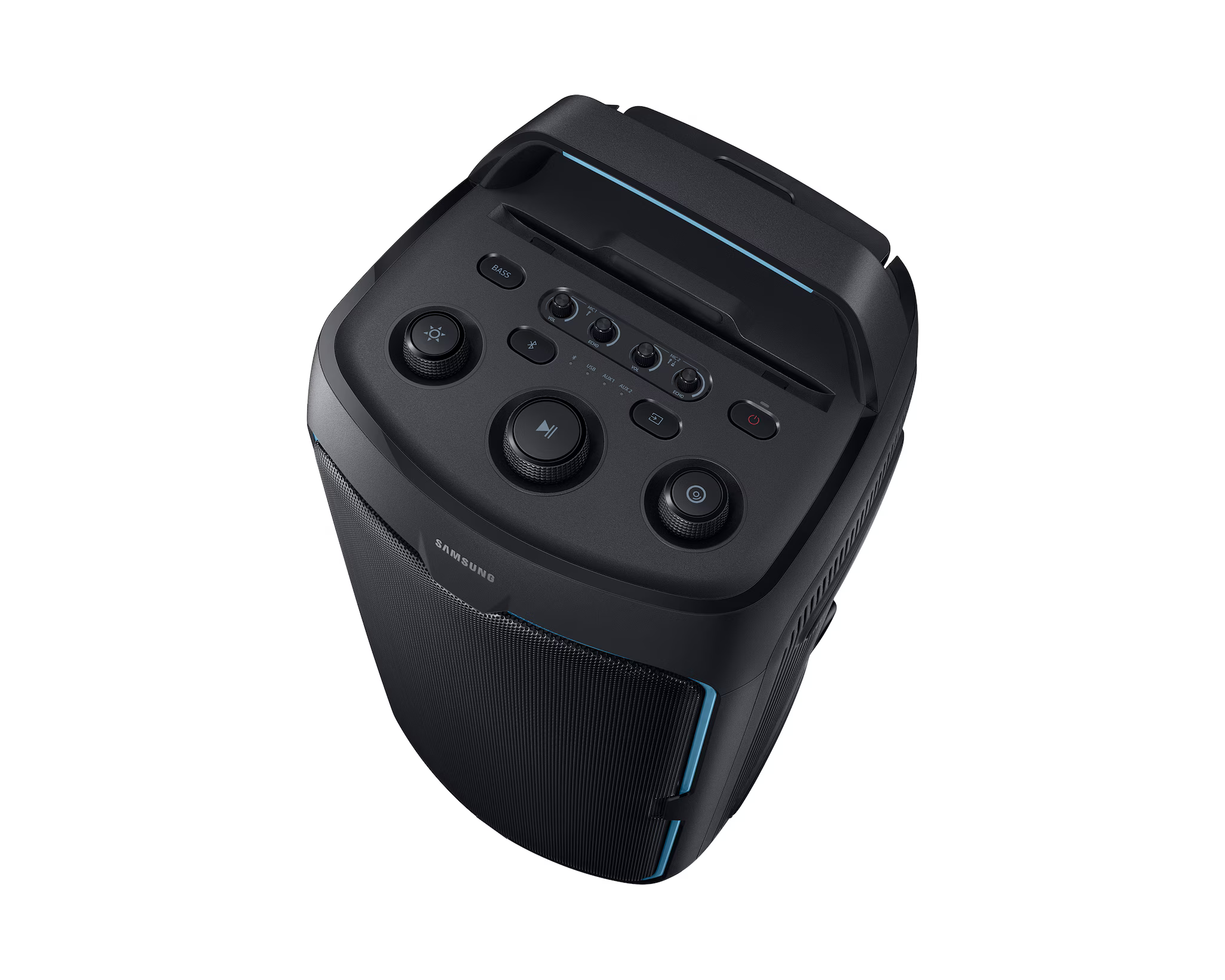 Fekete Samsung hangszóró, tetején vezérlők, fogantyúval és elülső hangszóróráccsal. Kék díszítéssel.