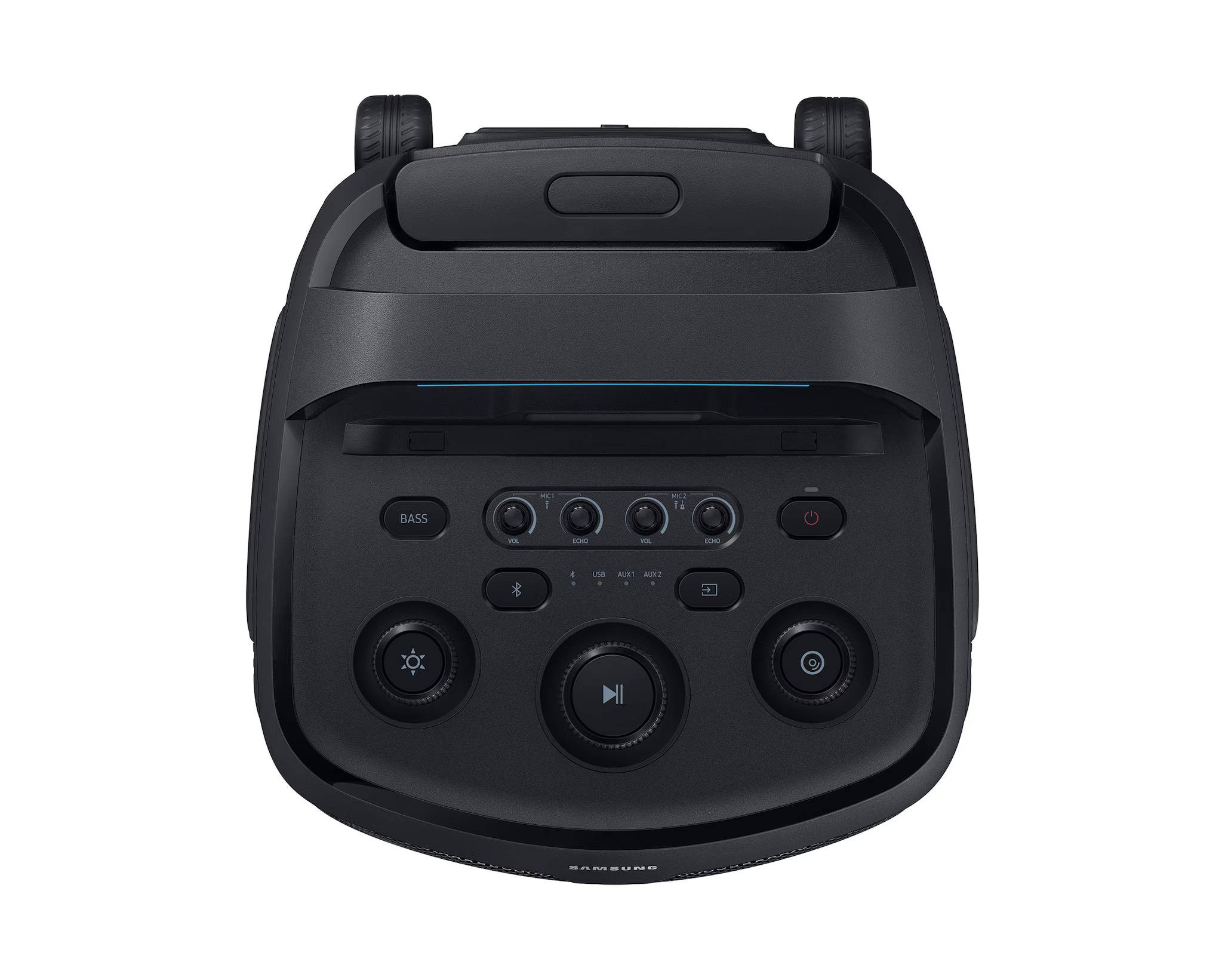 Fekete Samsung hangszóró, vezérlőkkel. Tartalmaz basszus, hangerő, echo beállításokat, bekapcsoló gombot és lejátszás vezérlőket.