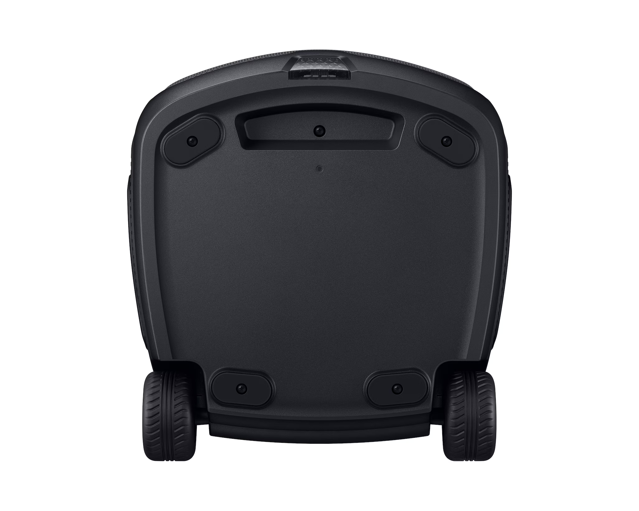 Egy fekete robotikus eszköz, alulról nézve, két kerékkel rendelkezik. Több fekete gombot és egy fogantyút tartalmaz.