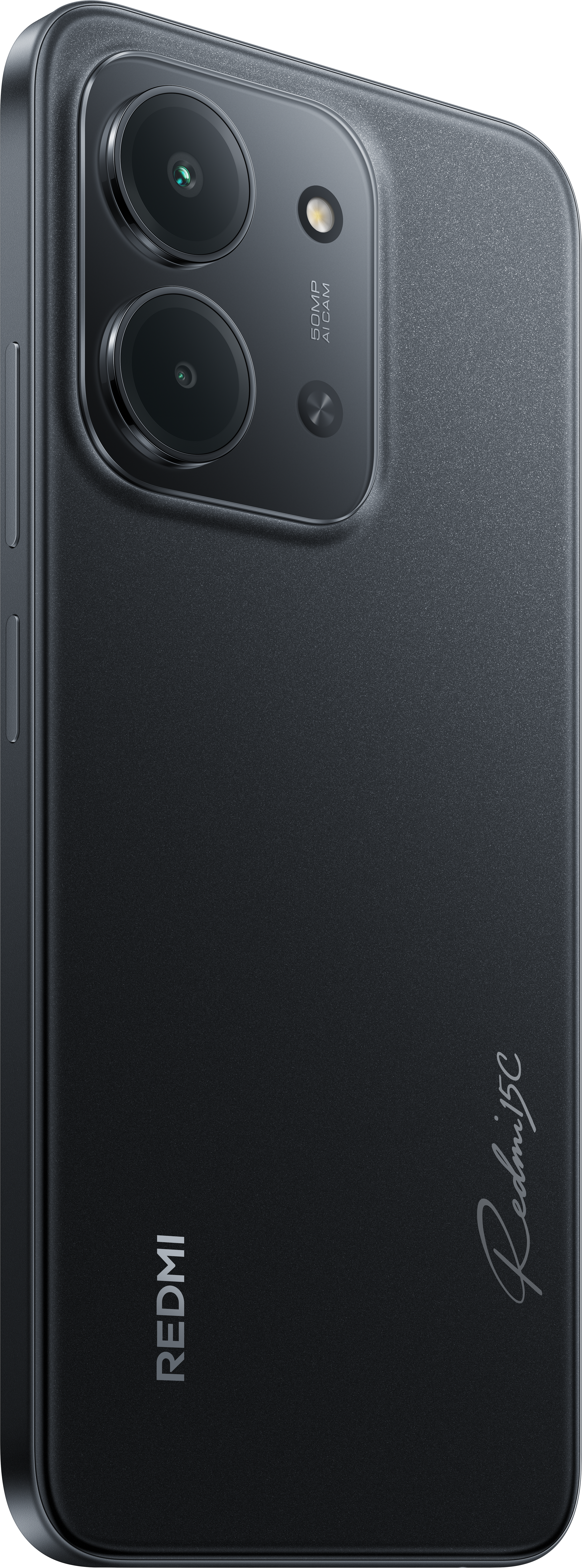 Schwarze Smartphone-Rückseite mit Dual-Kamera, Blitz und Redmi 15C-Logo. Redmi-Logo unten.