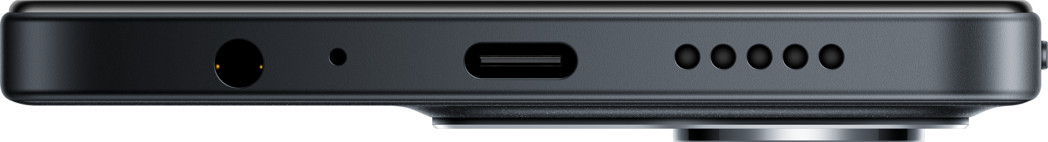 Nahaufnahme der Geräteseite mit Anschlüssen: Kopfhöreranschluss, Mikrofon, USB-C und Lautsprecherlöchern. Dunkelgrau mit schwarzem Hintergrund.