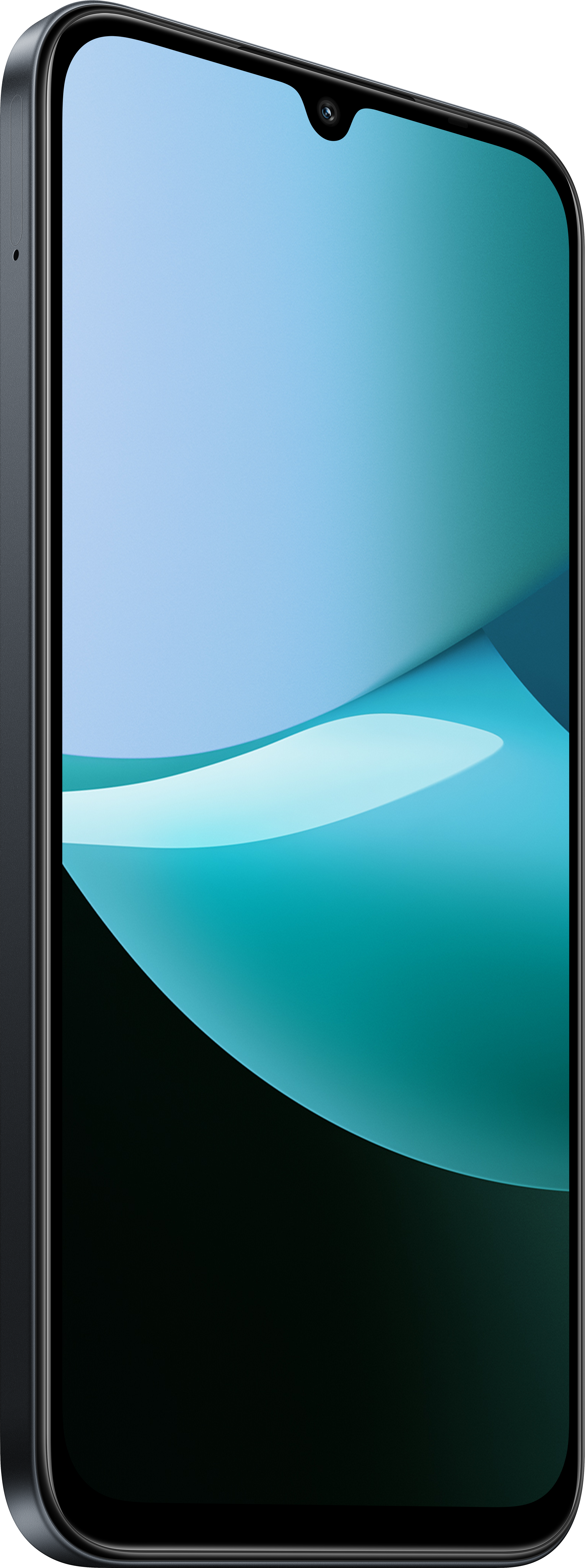 Ein Smartphone, schräge Ansicht. Der Bildschirm zeigt einen Farbverlauf aus Hellblau und Türkis. Der Rahmen des Telefons ist dunkelgrau.