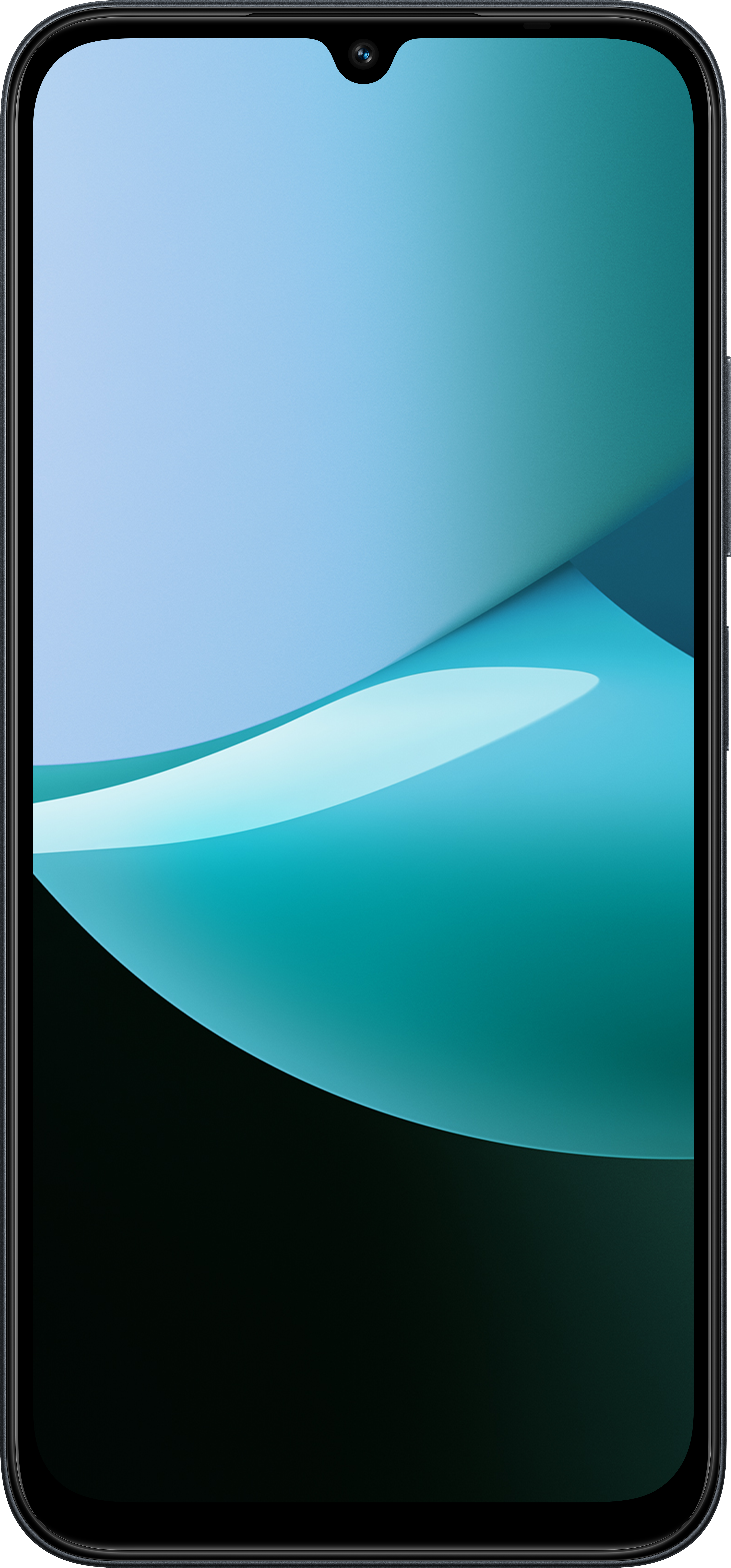 Smartphone-Bildschirm mit abstraktem Hintergrund. Es zeigt blaue, türkisfarbene und schwarze Kurven. Das Telefon hat einen schwarzen Rahmen.