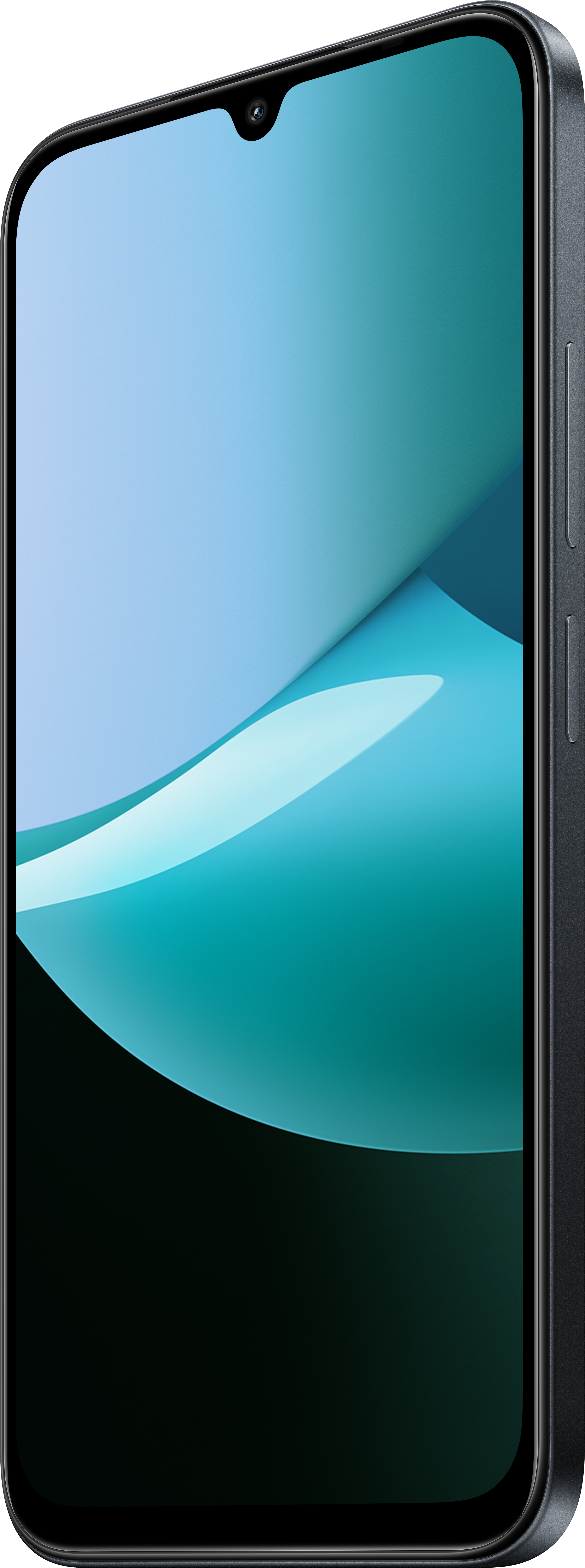 Smartphone nach rechts abgewinkelt. Der Bildschirm zeigt ein abstraktes blaues und blaugrünes Design. Dunkelgrauer Rahmen mit Knöpfen.