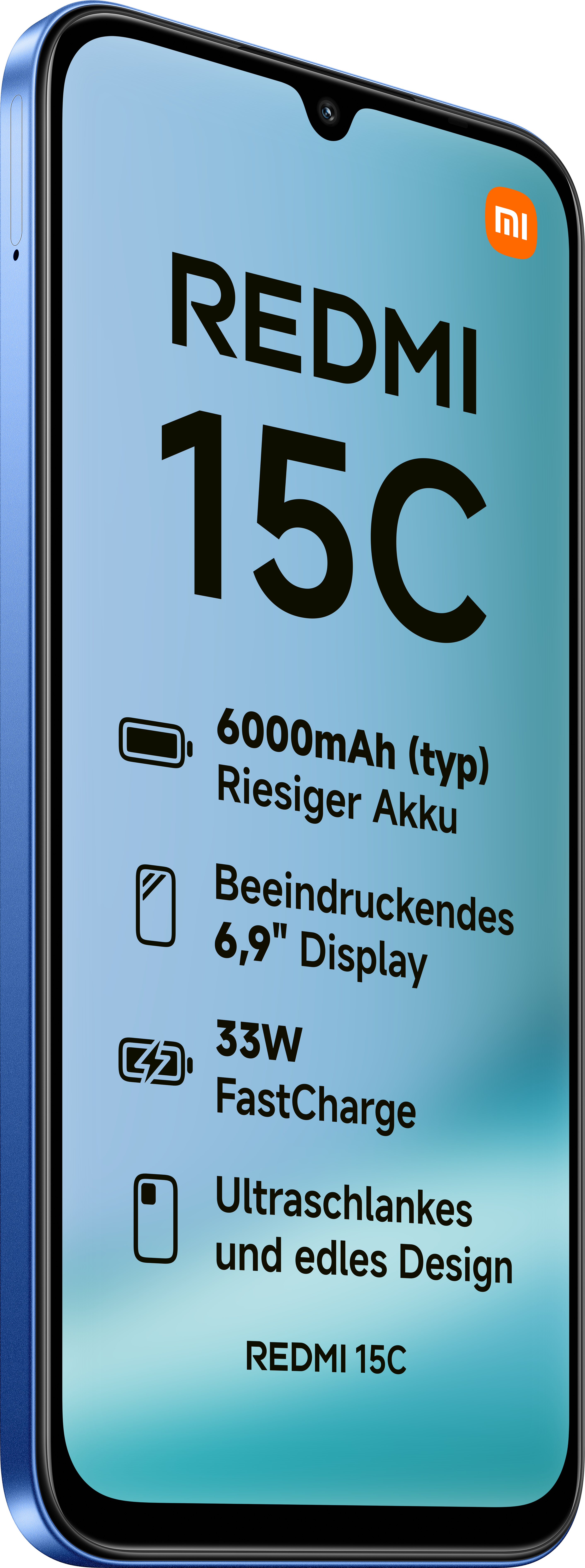 Un telefono blu Redmi 15C mostra le caratteristiche: batteria da 6000mAh, display da 6,9", ricarica rapida da 33W e design sottile.