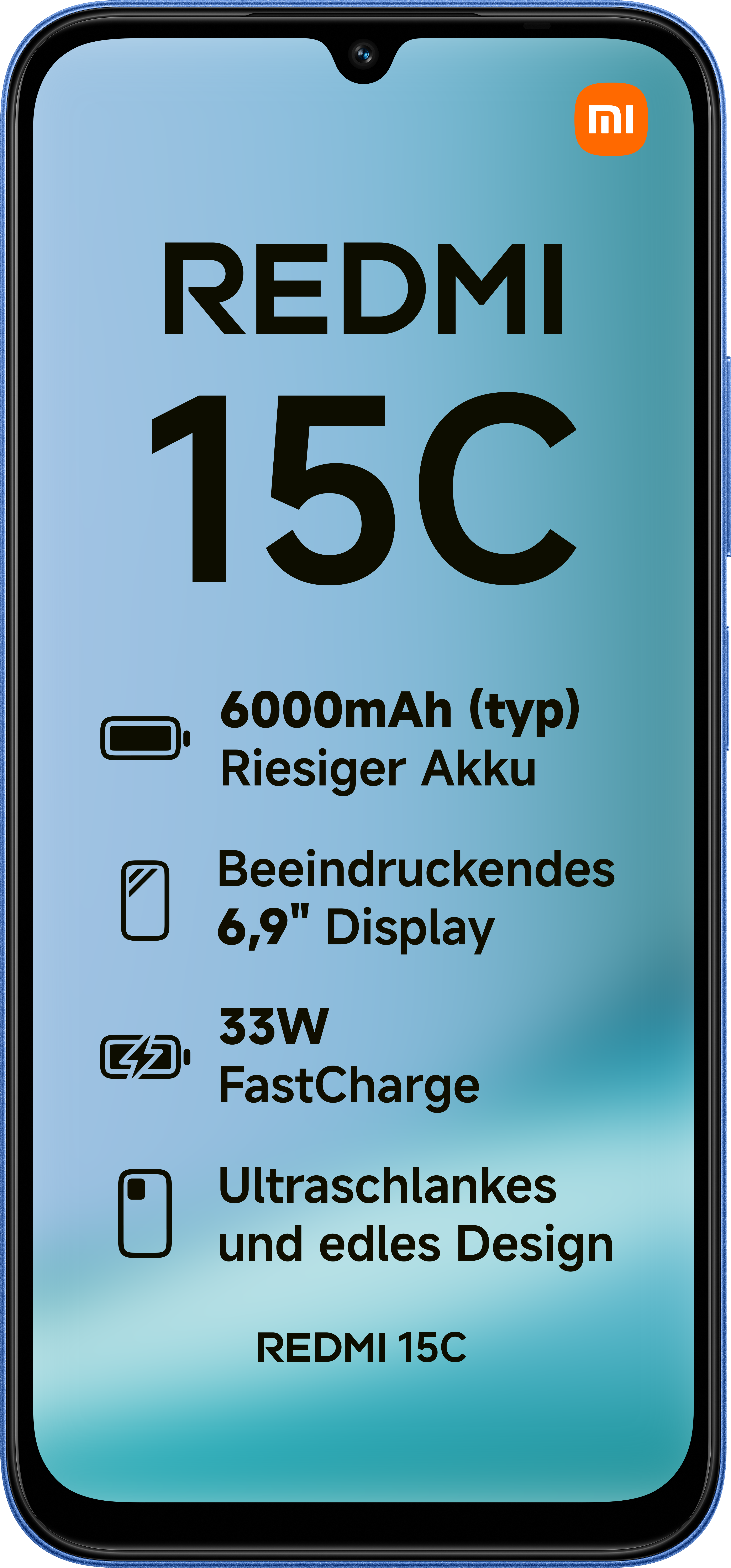 Schermo smartphone con testo REDMI 15C, funzionalità come batteria da 6000mAh, display da 6,9", 33W FastCharge e design elegante.