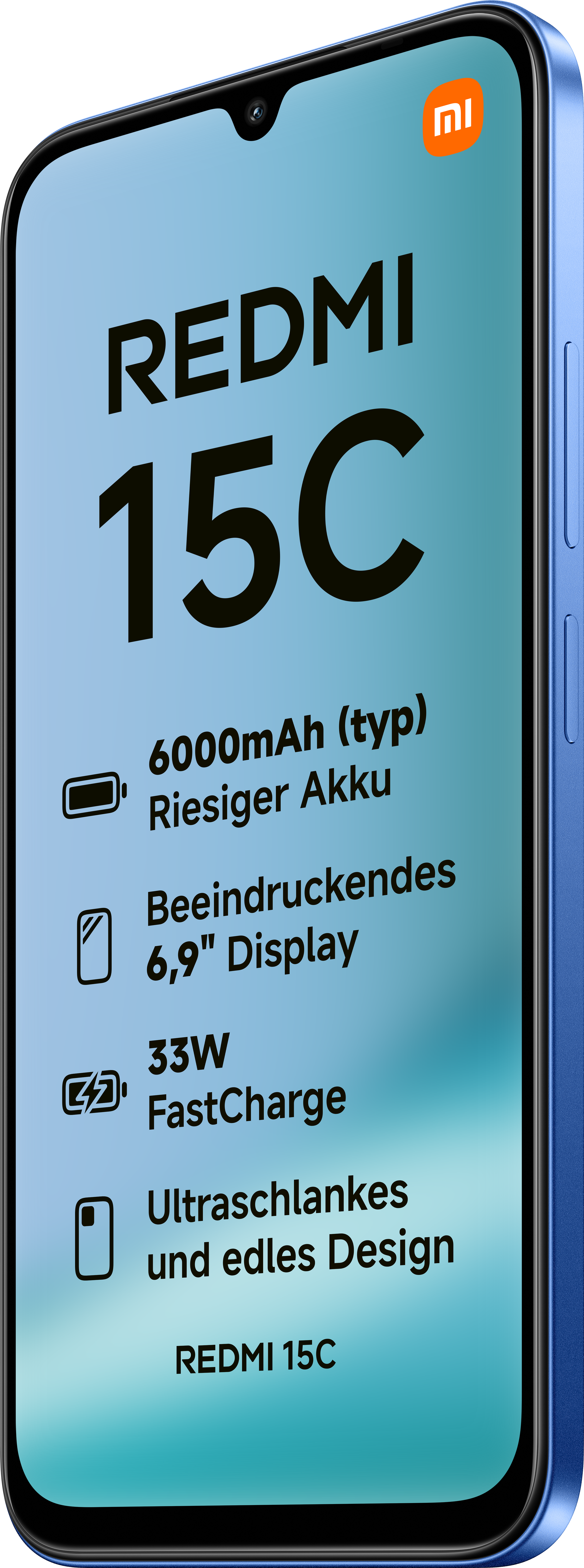 Schermo blu di smartphone mostra 'REDMI 15C' con batteria 6000mAh, display 6.9", 33W Ricarica rapida e design sottile.
