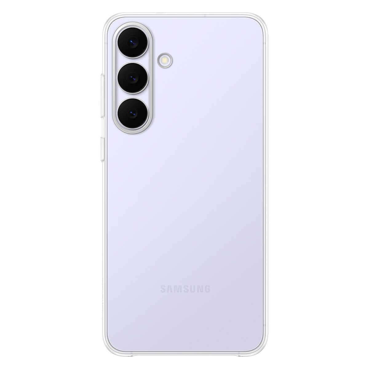 Şeffaf kılıflı, açık mor bir akıllı telefon. Üç kamera lensi, bir flaş ve Samsung logosu var.
