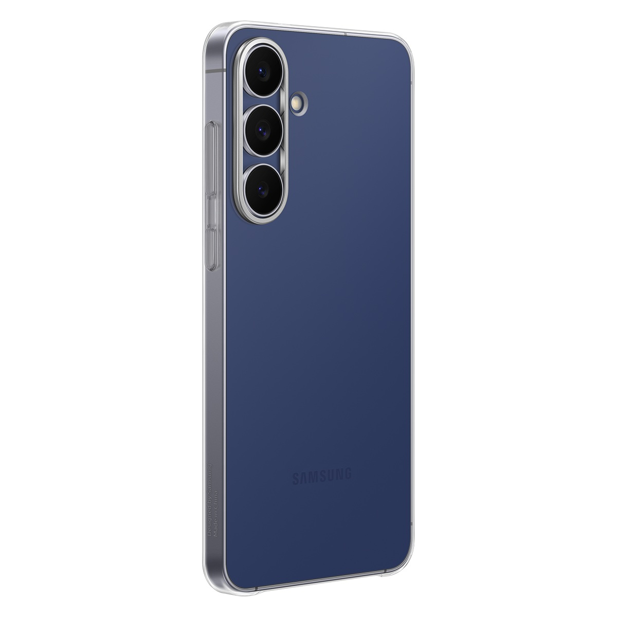 Üç kameralı mavi bir akıllı telefon şeffaf bir kılıf içinde gösteriliyor. Samsung logosu altta görülebilir.