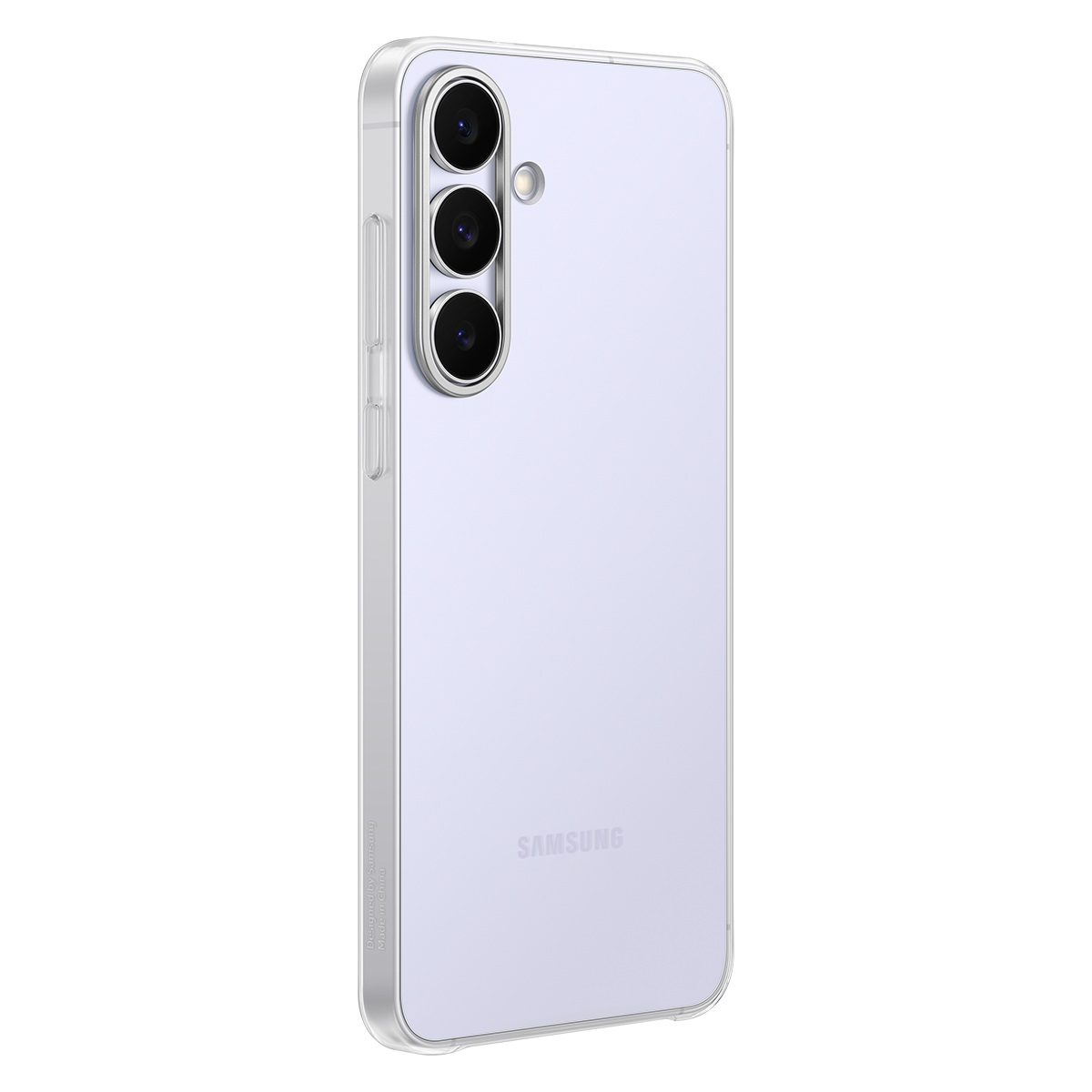 Şeffaf bir kılıf içinde açık mor bir Samsung telefon. Arkasında üç kamerası var ve Samsung logosu görülebilir.
