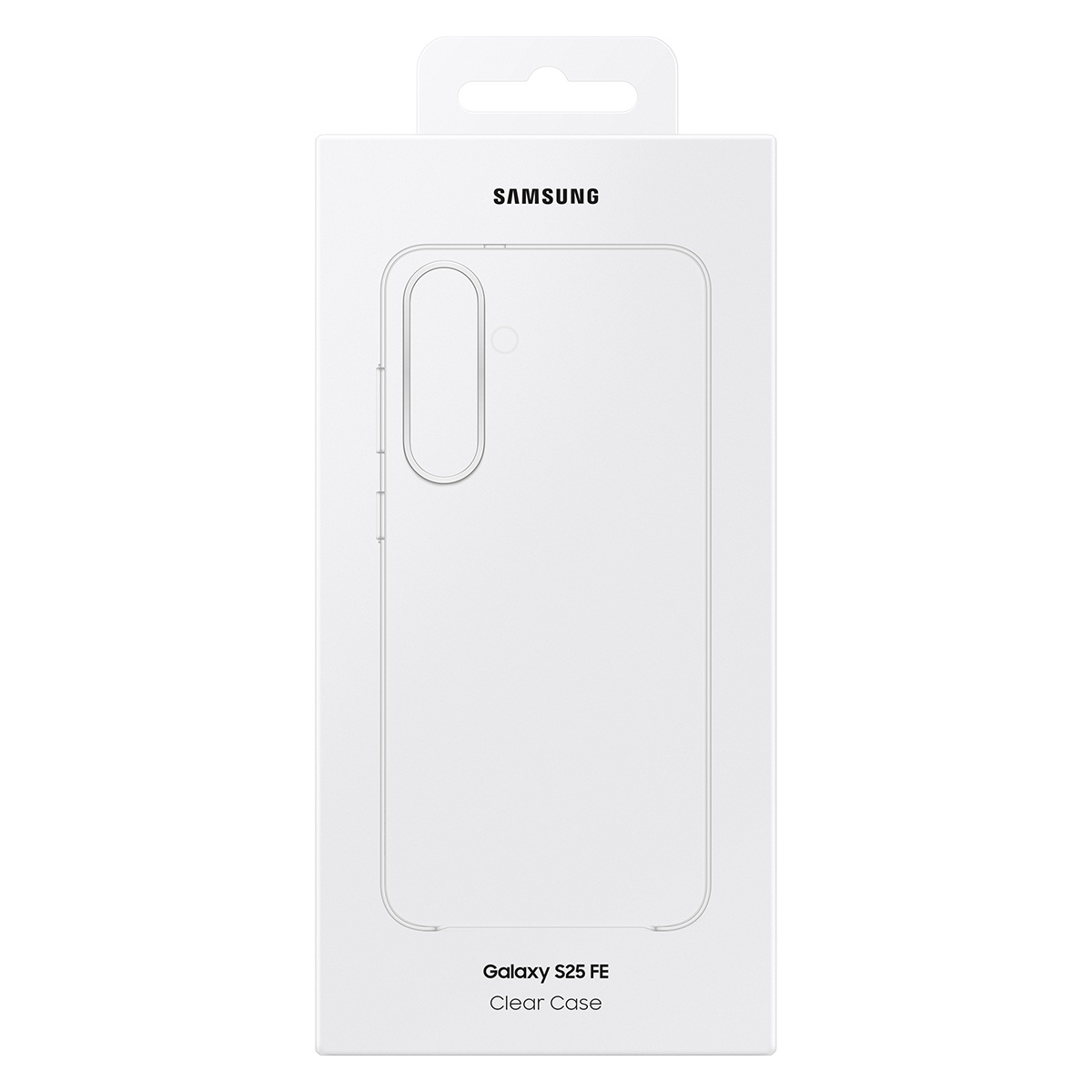 Şeffaf telefon kılıfı konturu olan beyaz bir Samsung kutusu. Metin: 'Samsung', 'Galaxy S25 FE' ve 'Clear Case'.