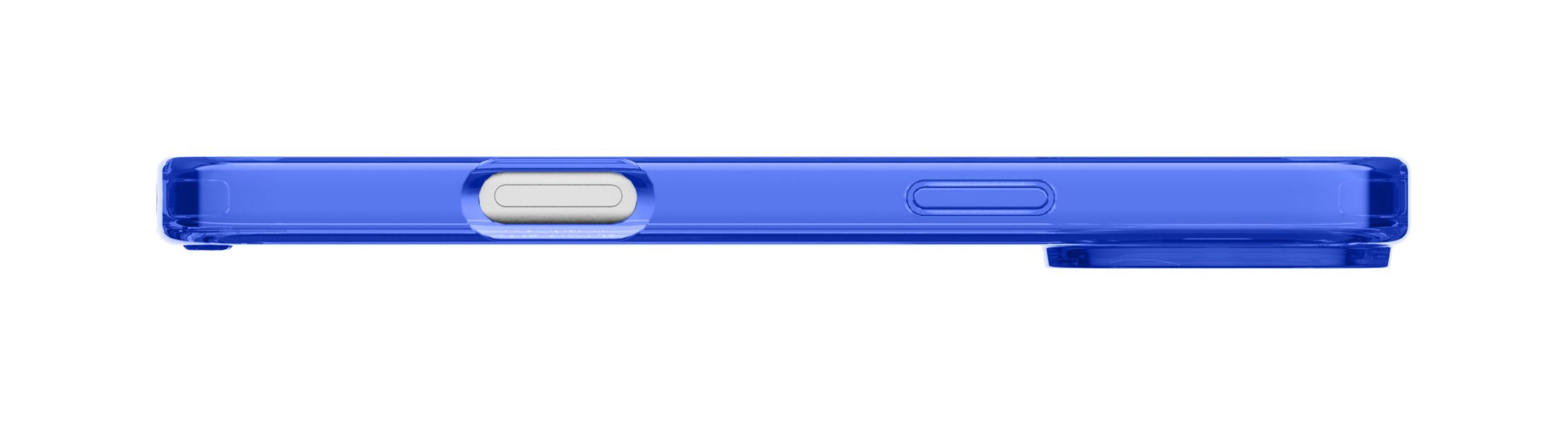 Blaue Handyhülle, Seitenansicht. Mit Kameraausschnitt und Knopfausschnitten. Transparent mit weißem Hintergrund.