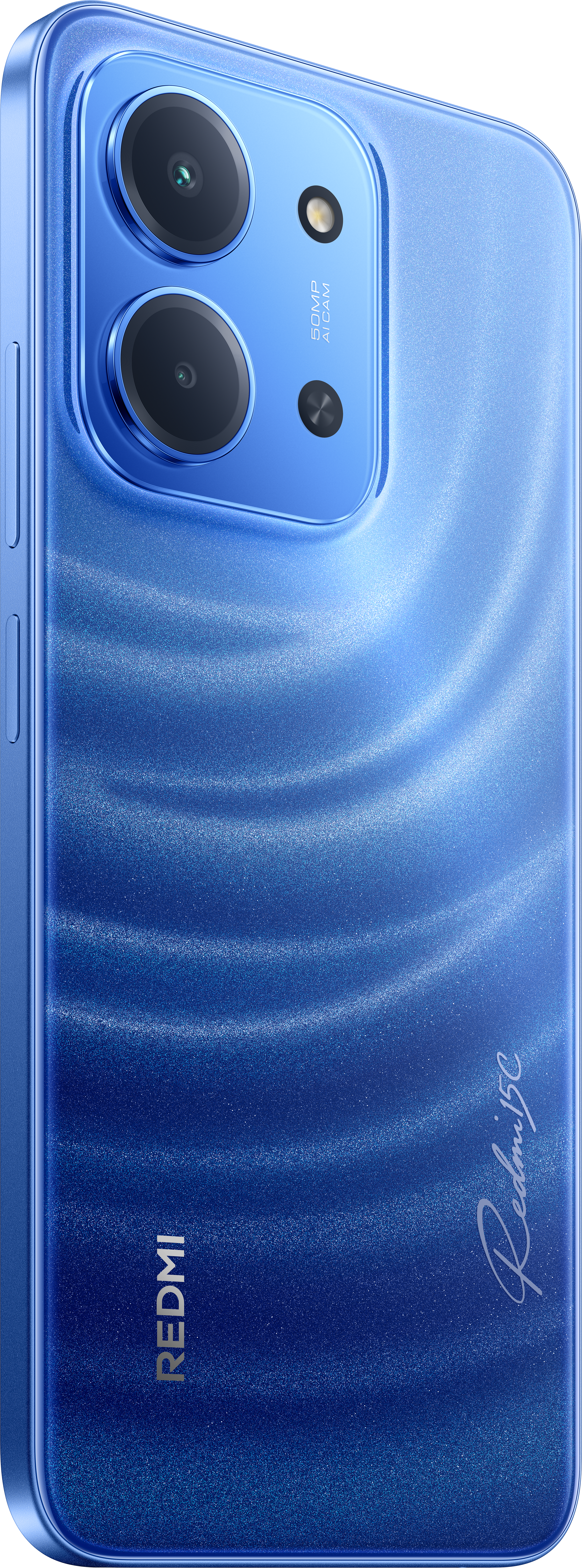 Retro blu di smartphone con lenti della fotocamera. Logo Redmi in basso. Motivo ondulato sulla superficie.