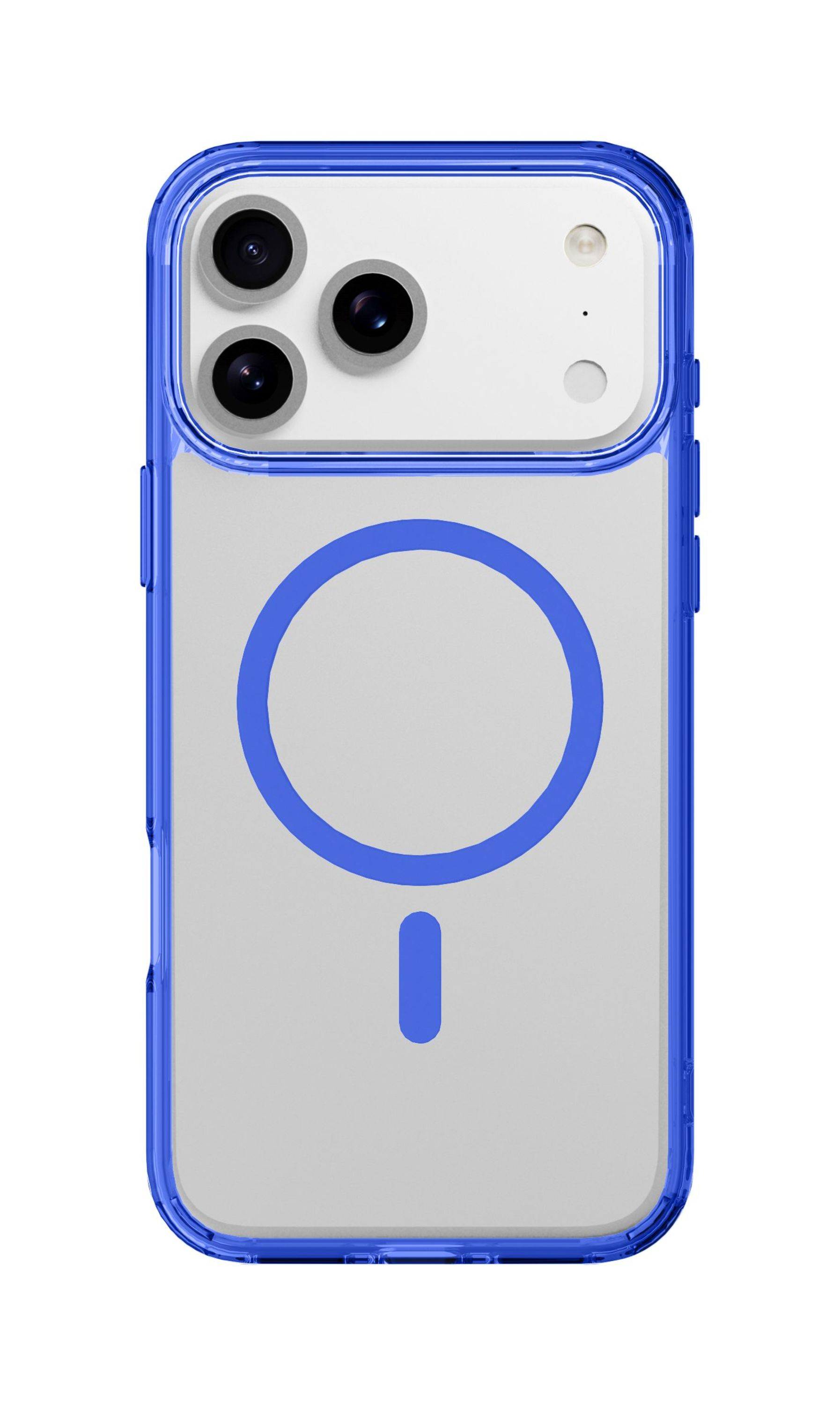Ein iPhone in einer blau umrandeten Hülle, mit drei Kameralinsen und einem kreisförmigen Ladesymbol auf der Rückseite.