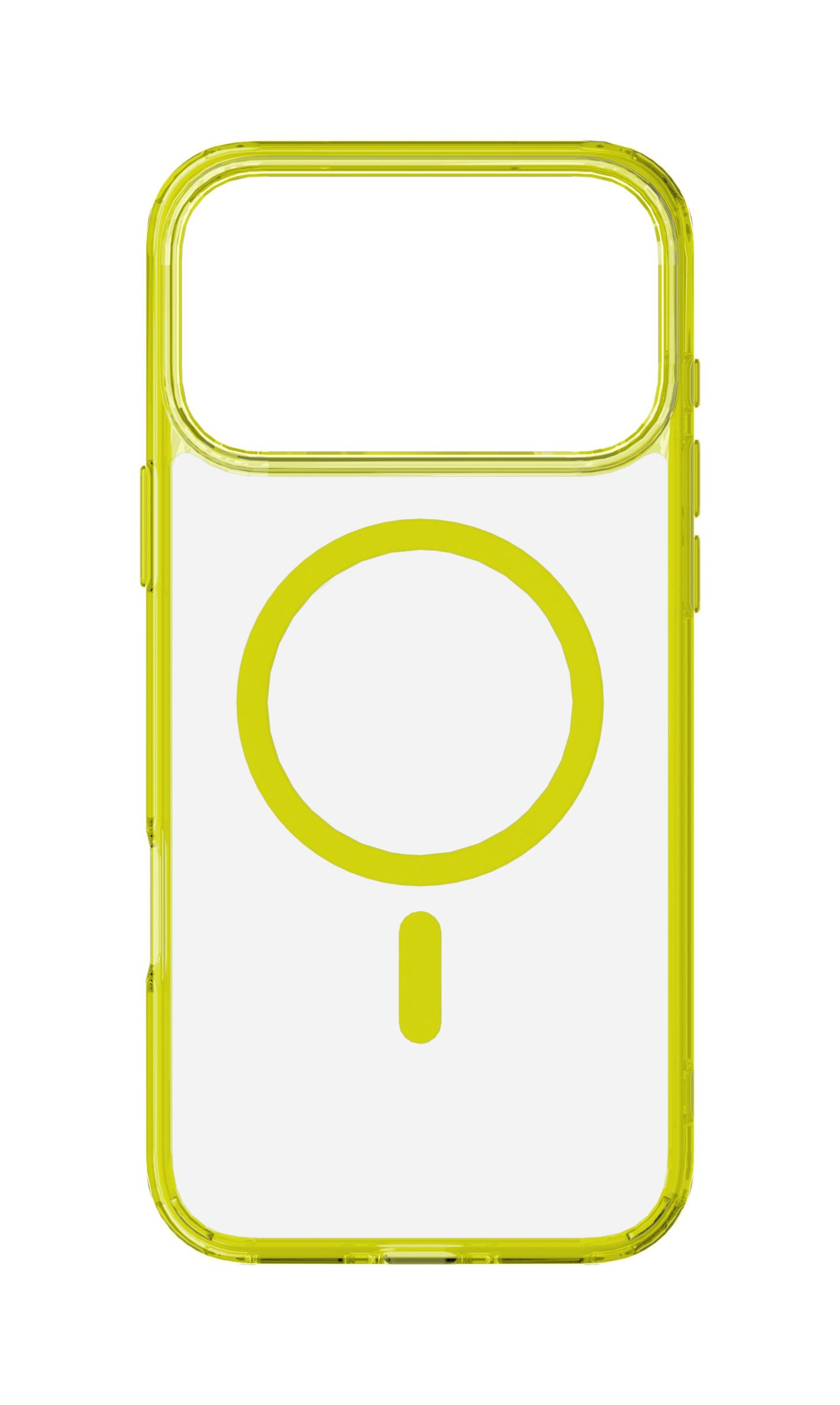 Eine transparente Handyhülle mit neongelbem Rahmen. Auf der Rückseite befinden sich eine kreisförmige und eine vertikale rechteckige Form.