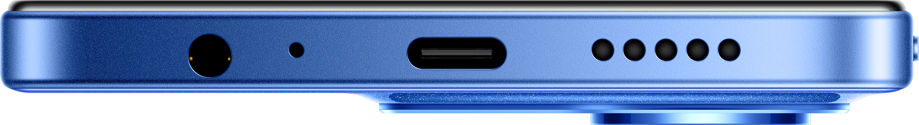 Primo piano del bordo inferiore di un telefono blu. Include porta di ricarica, jack audio, fori per microfono e altoparlante.