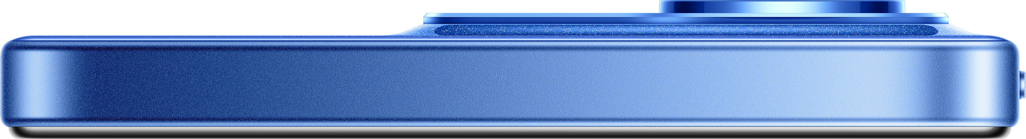 Vista laterale ravvicinata di uno smartphone o dispositivo blu, che mostra l'involucro metallico e l'obiettivo circolare.