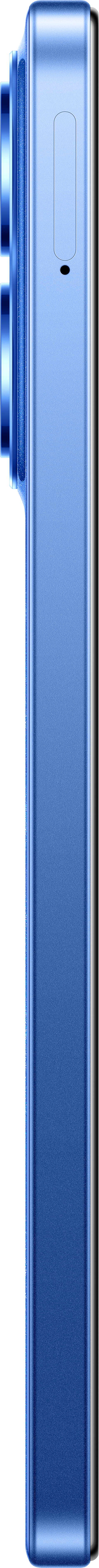 Primo piano di un dispositivo metallico blu. Ha bordi arrotondati, un piccolo pulsante rettangolare e un'ammaccatura per la fotocamera.