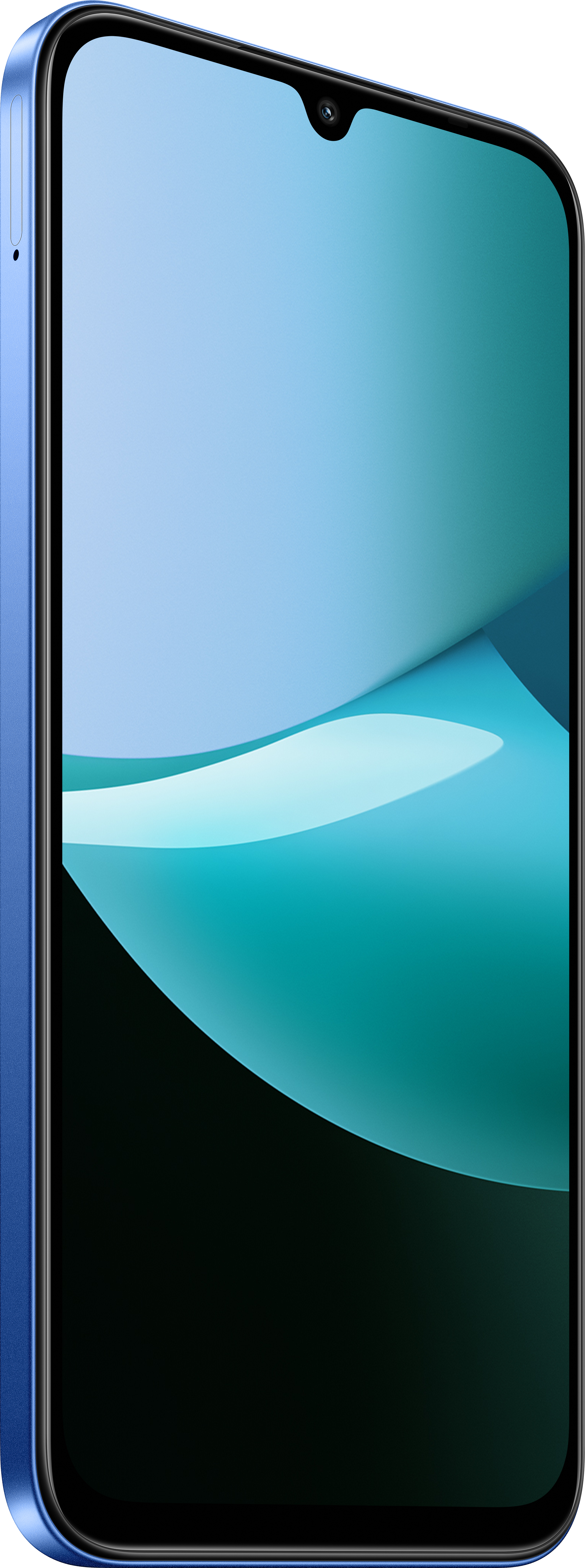 Uno smartphone blu mostra una sfumatura turchese e blu. Il telefono ha una fotocamera frontale e una cornice blu.