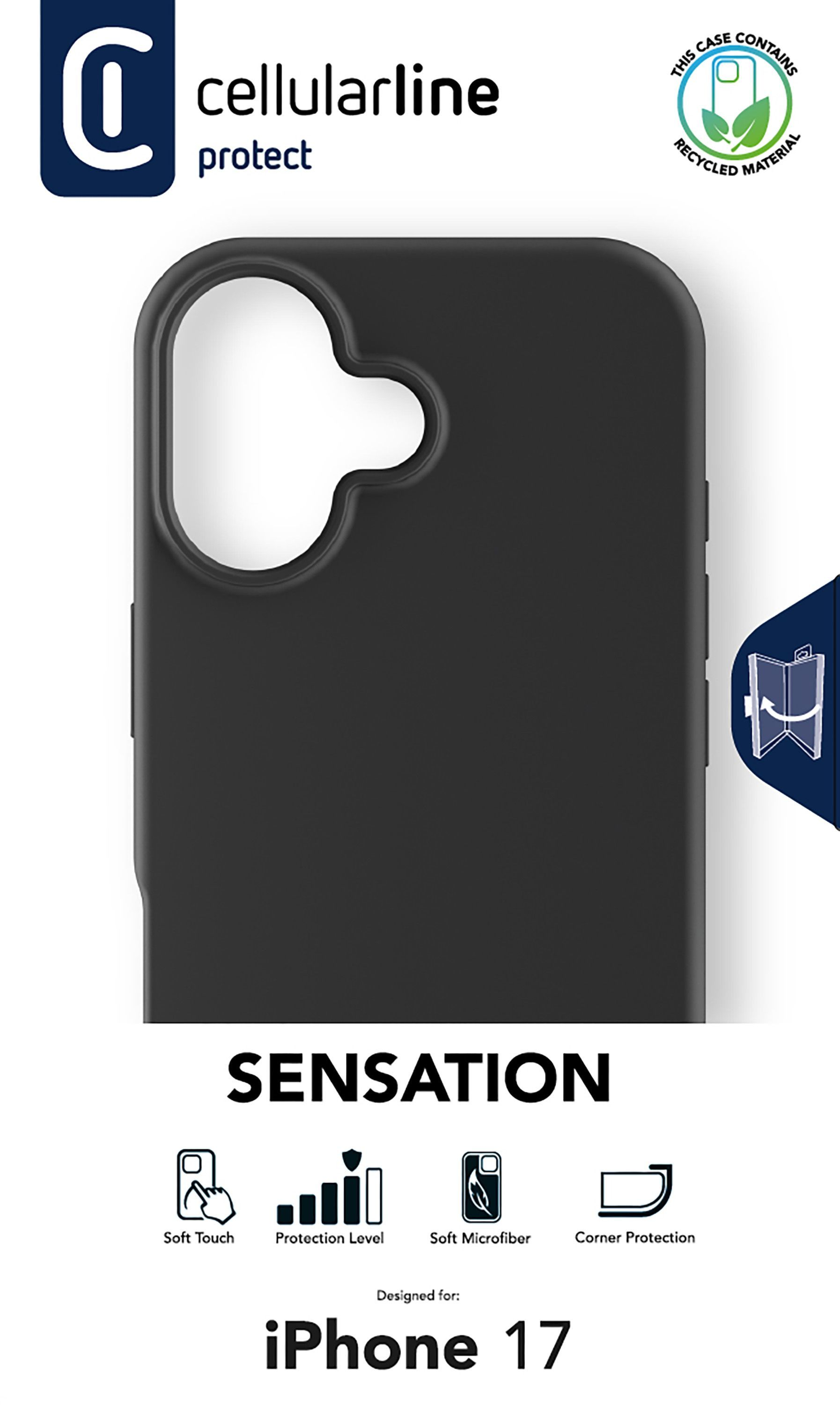 Schwarze Handyhülle mit abgerundeten Ecken. Text enthält 'cellularline protect', 'SENSATION' und 'iPhone 17'.