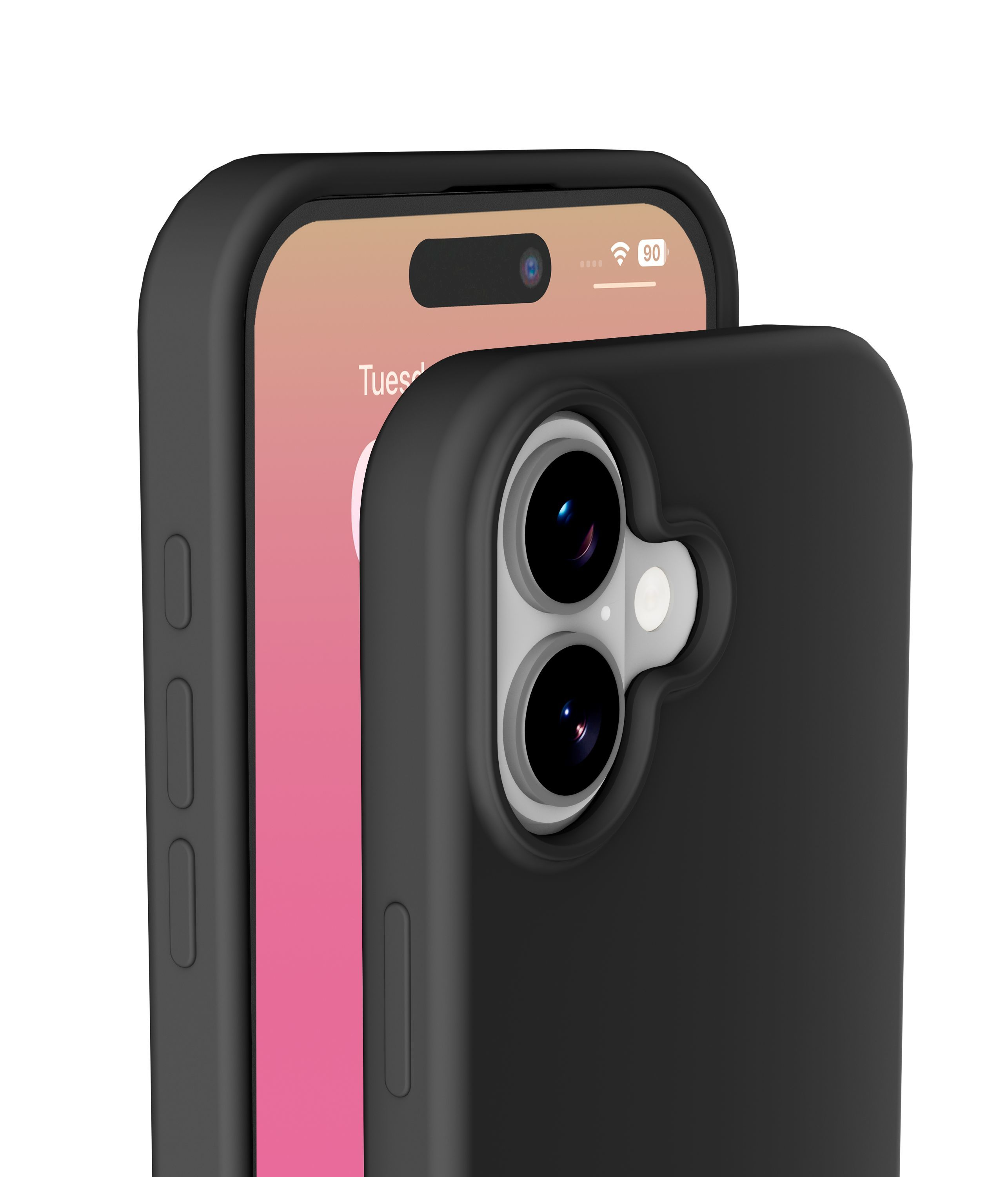 Eine schwarze Handyhülle bedeckt teilweise ein Telefon mit pinkfarbenem Bildschirm. Die Hülle hat Kameraöffnungen und Seitentasten.