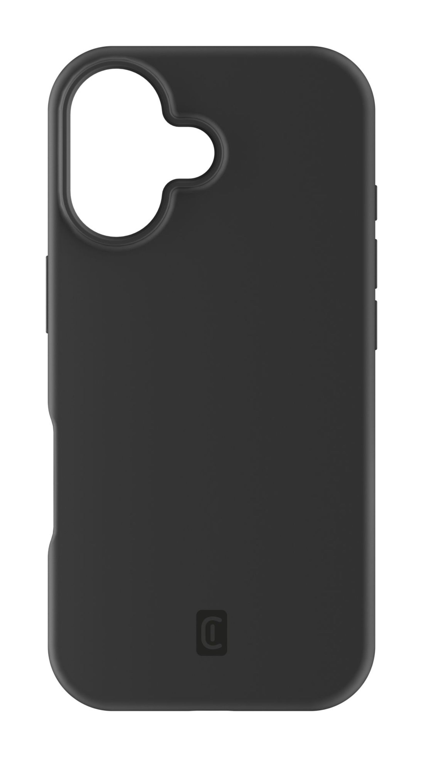 Eine schwarze Handyhülle mit Aussparungen für Kamera und Knöpfe. Sie hat ein kleines Logo.