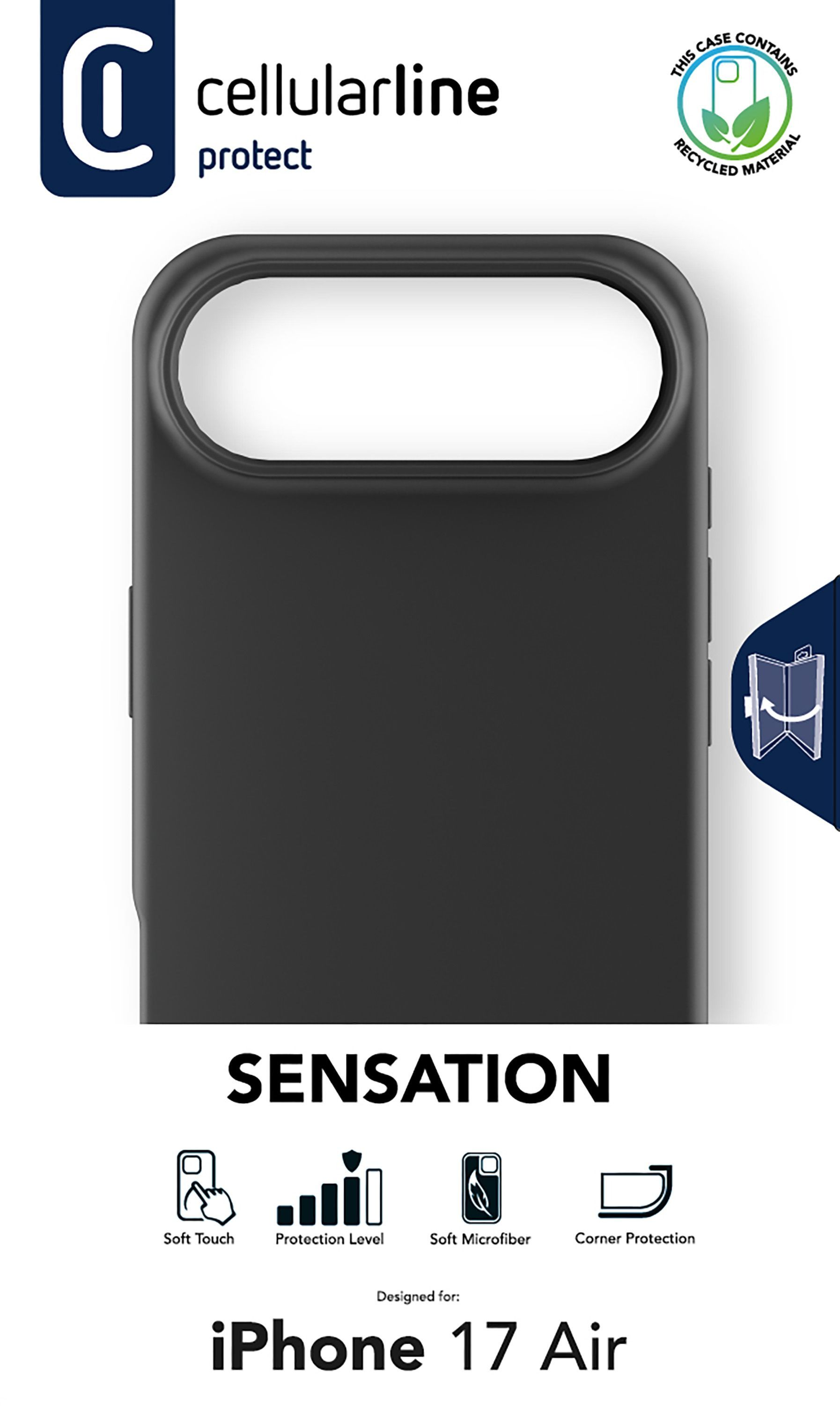 Schwarze Handyhülle mit weißem Innenraum. Cellularline-Logo und Text 'iPhone 17 Air' sind sichtbar.