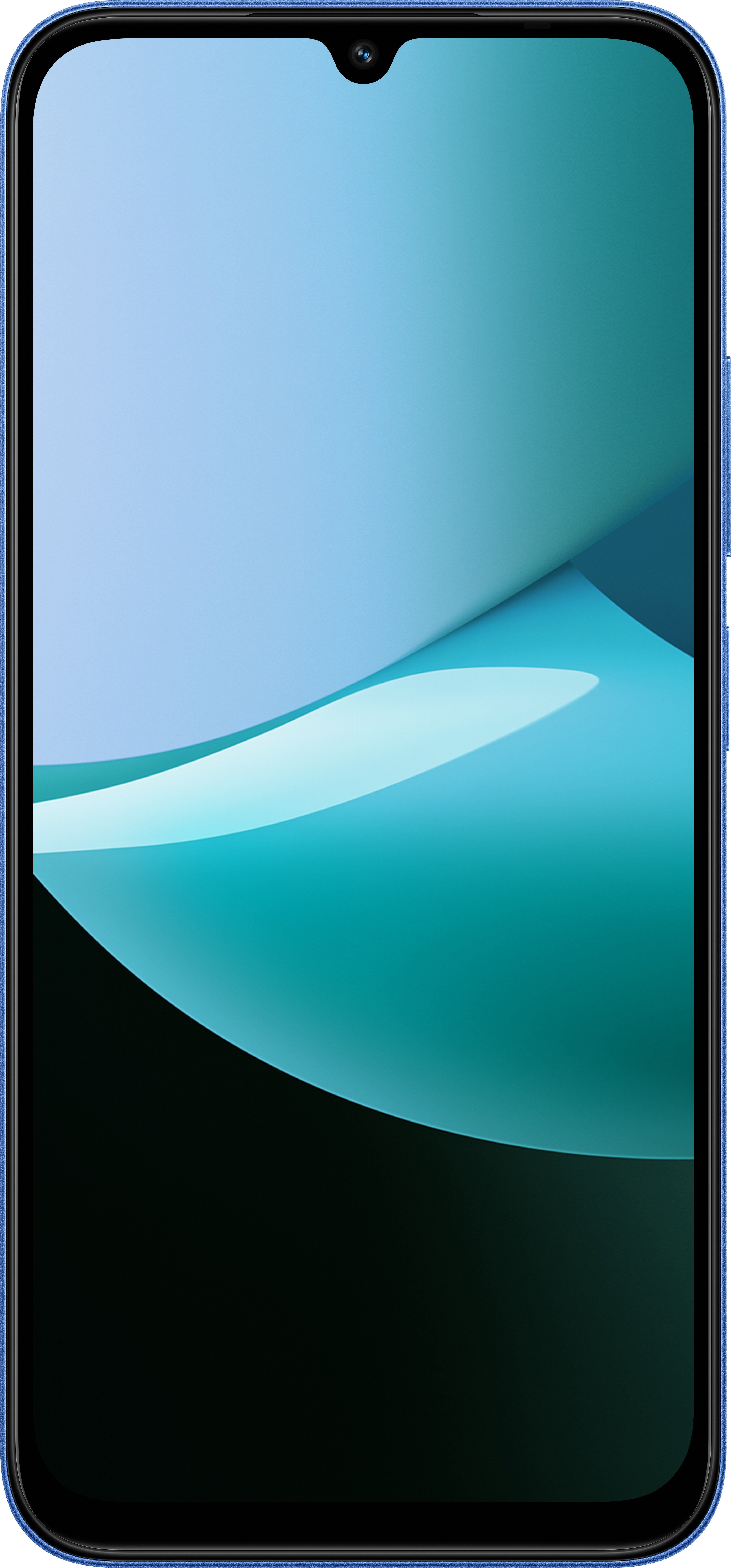 Uno smartphone con cornice blu e display sfumato azzurro e verde acqua. Lo schermo ha una fotocamera a goccia.