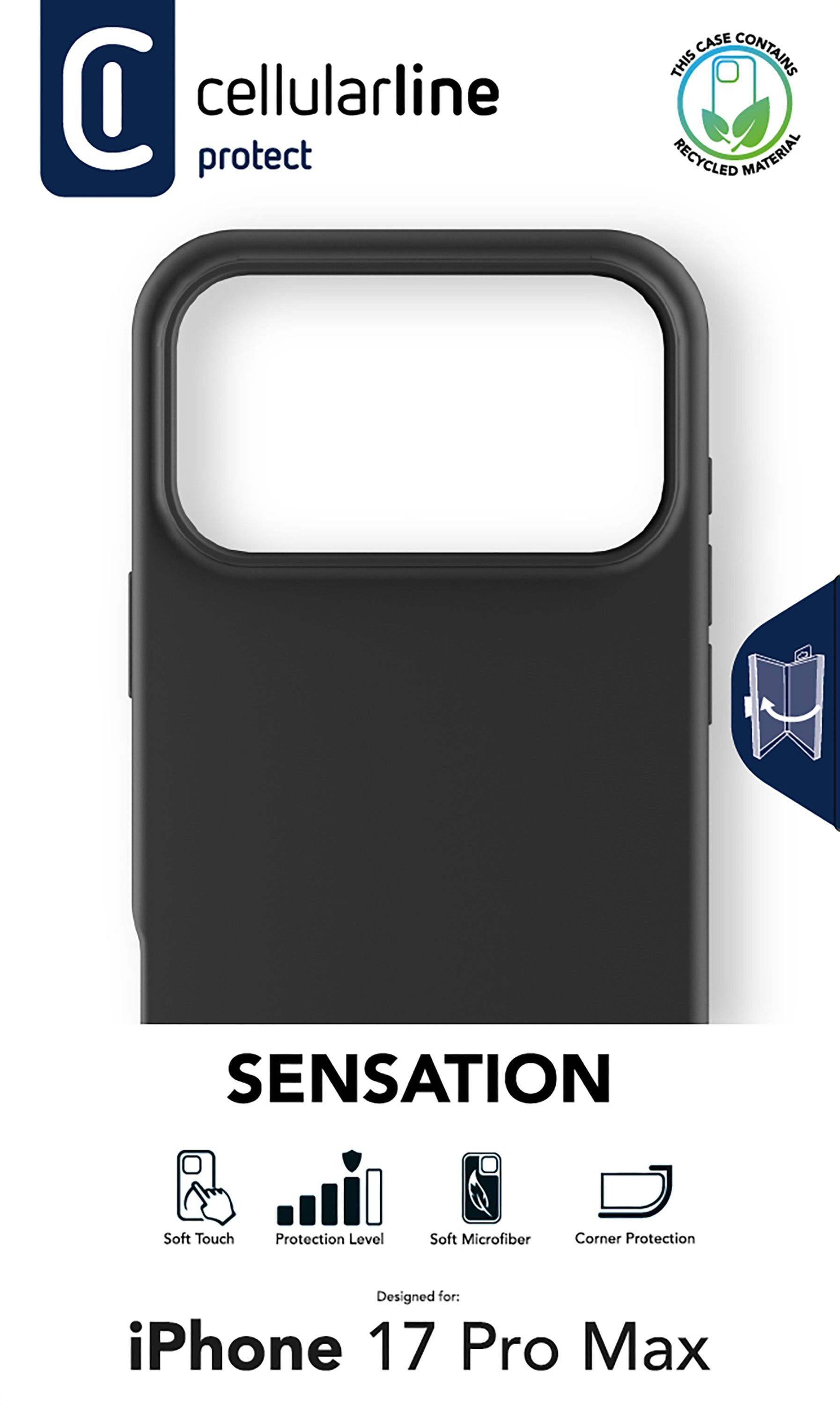 Schwarze Handyhülle für iPhone 17 Pro Max. Merkmale: Soft-Touch, Schutzstufe, weiche Mikrofaser, Eckenschutz.