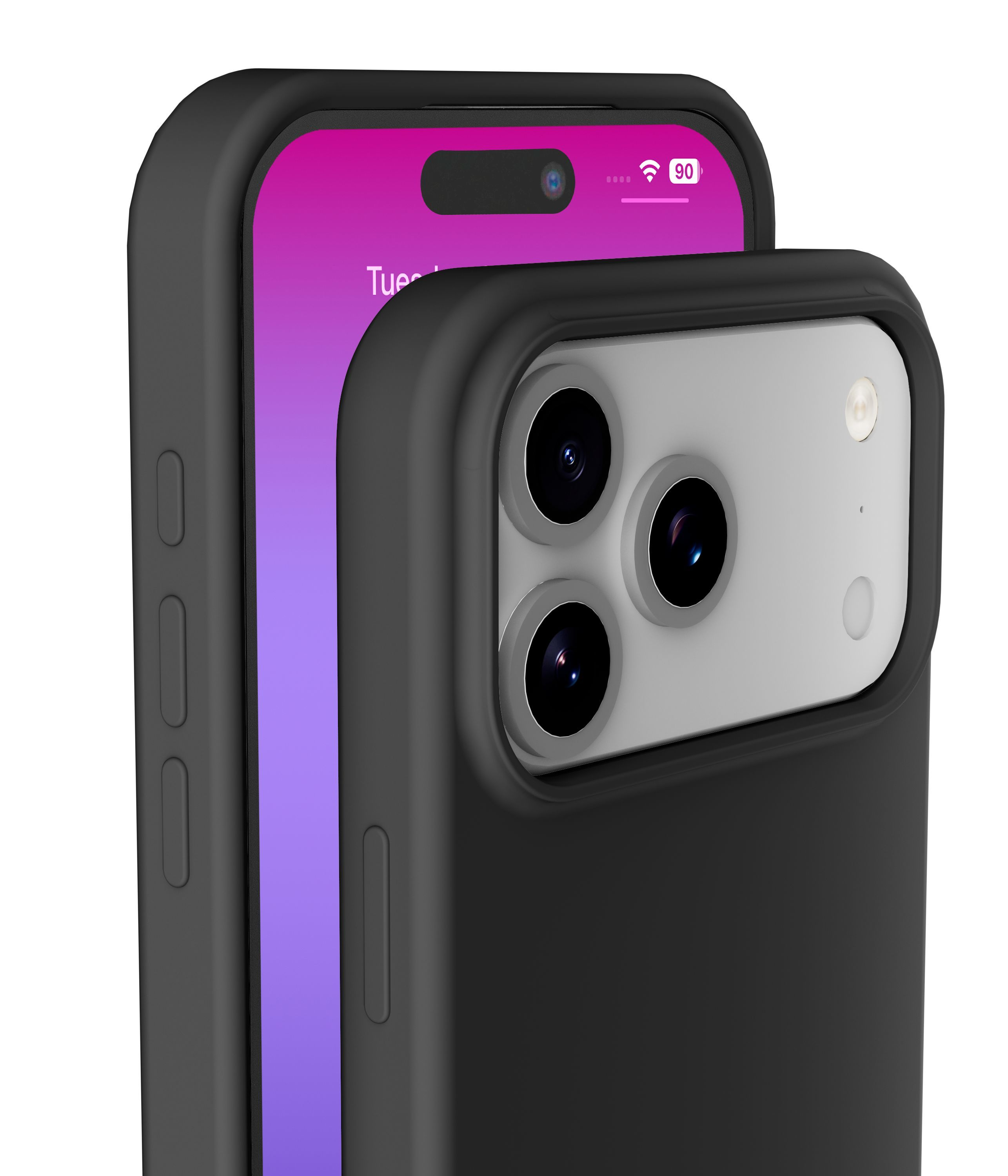 Ein schwarzes Telefon in einer Hülle. Der Bildschirm zeigt einen lila Hintergrund mit der Uhrzeit und dem Akku des Telefons.