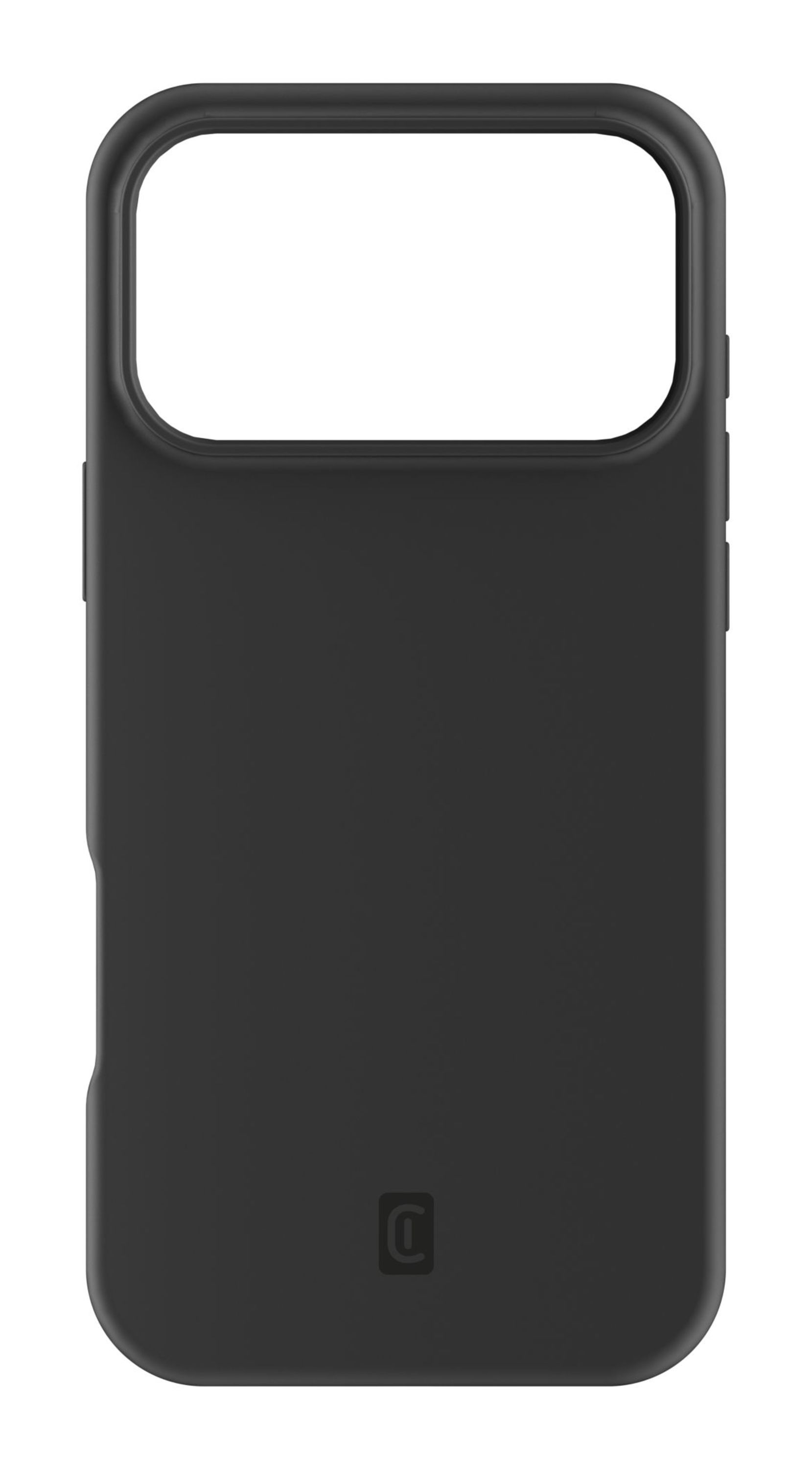 Eine schwarze Handyhülle mit einem Kameraausschnitt oben. Ein kleines Logo befindet sich unten rechts.