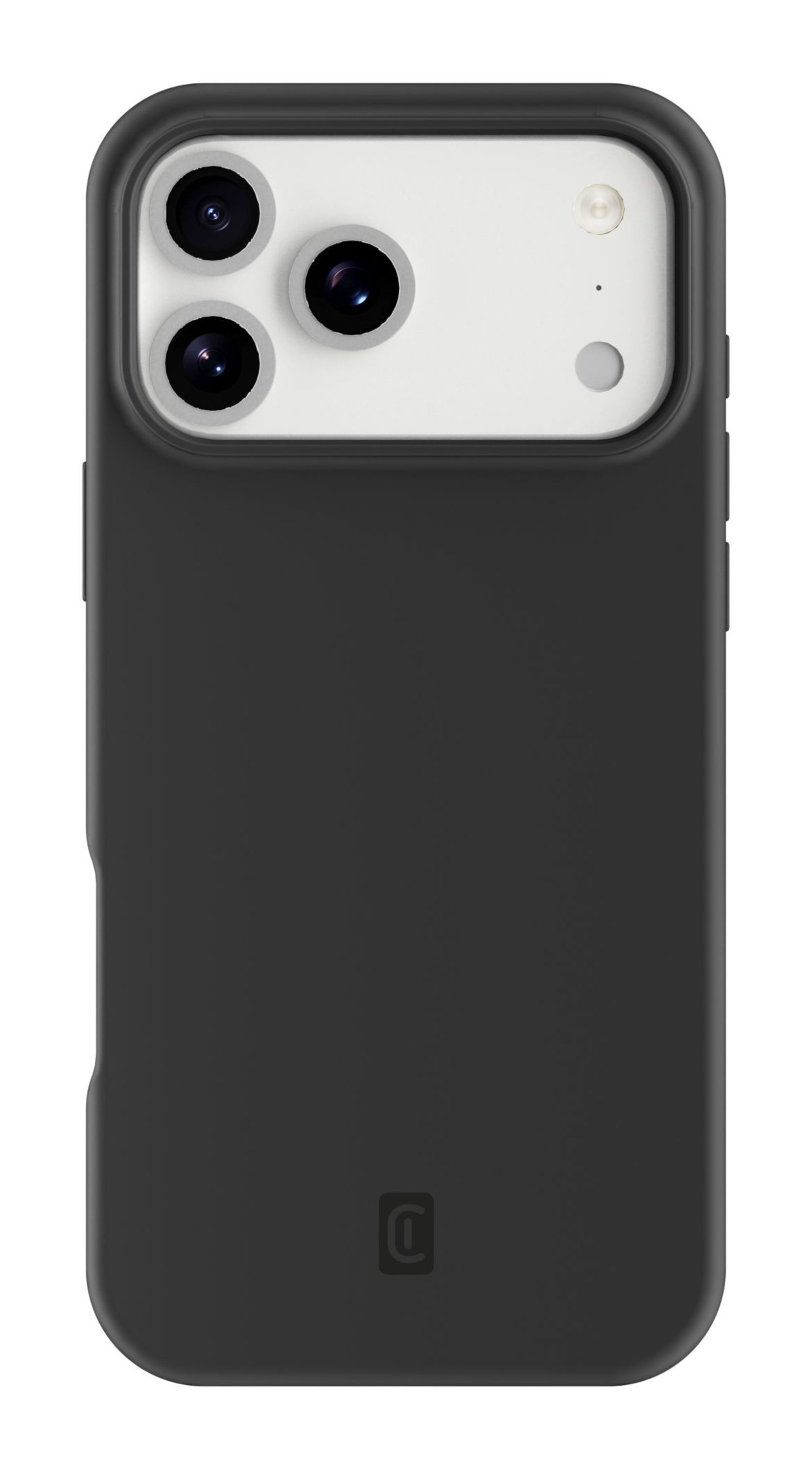 Schwarze Handyhülle mit drei Kameralinsen, einem Blitz und einem Logo. Die Hülle umschließt ein weißes Telefon.
