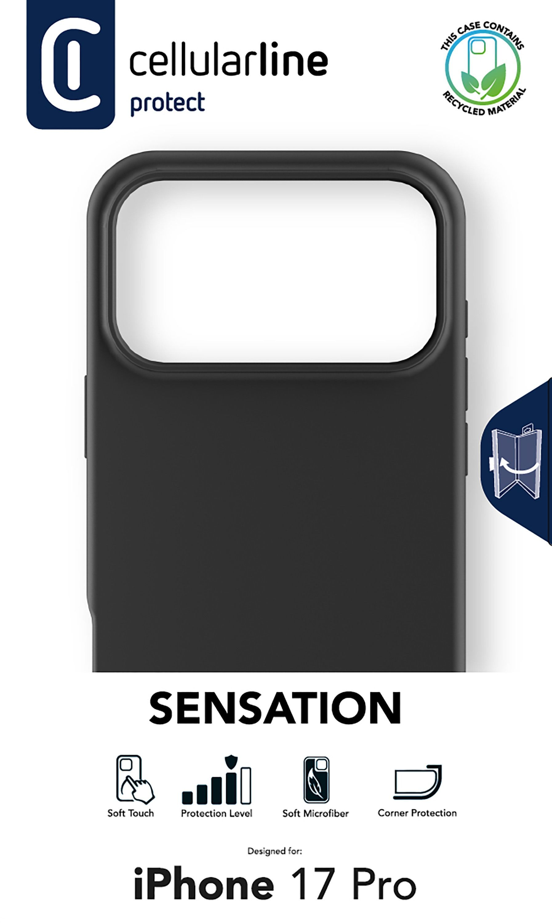 Eine schwarze Handyhülle für das iPhone 17 Pro. Sie zeigt das 'cellularline'-Logo und Symbole für Funktionen wie Soft-Touch und Eckenschutz.