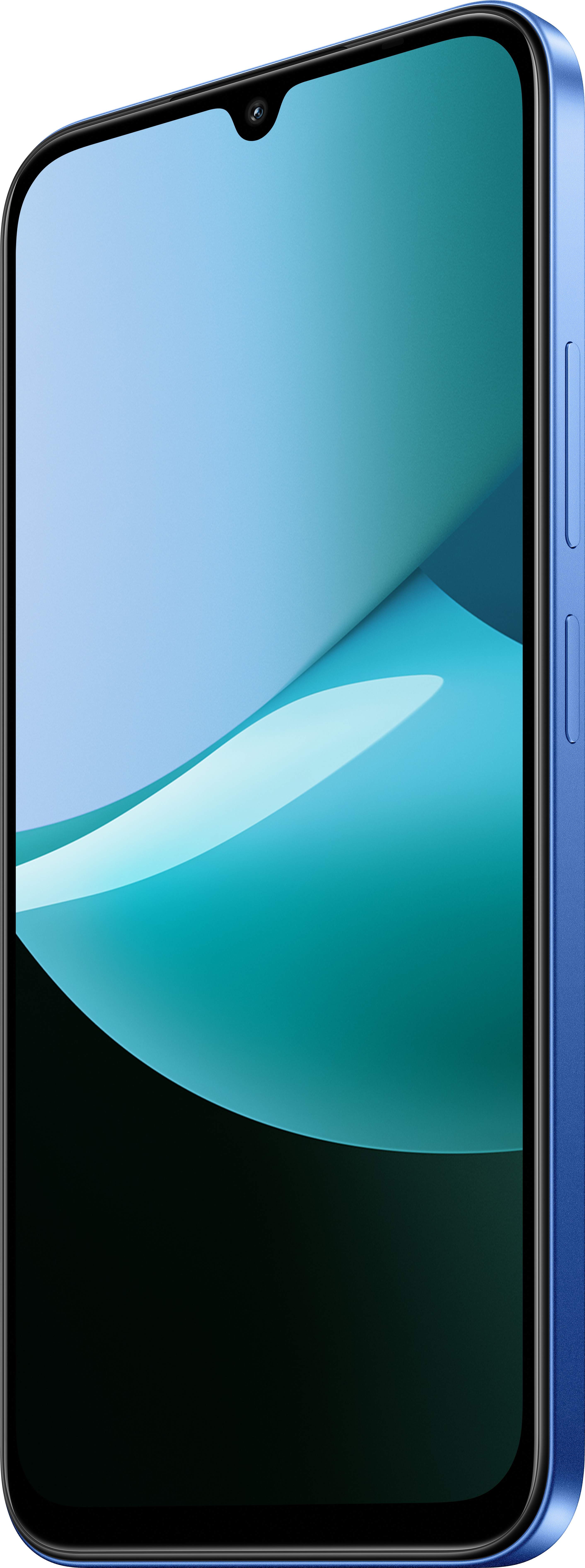 Uno smartphone blu con schermo curvo, bordo nero e fotocamera. Lo schermo mostra colori astratti blu e verdi.