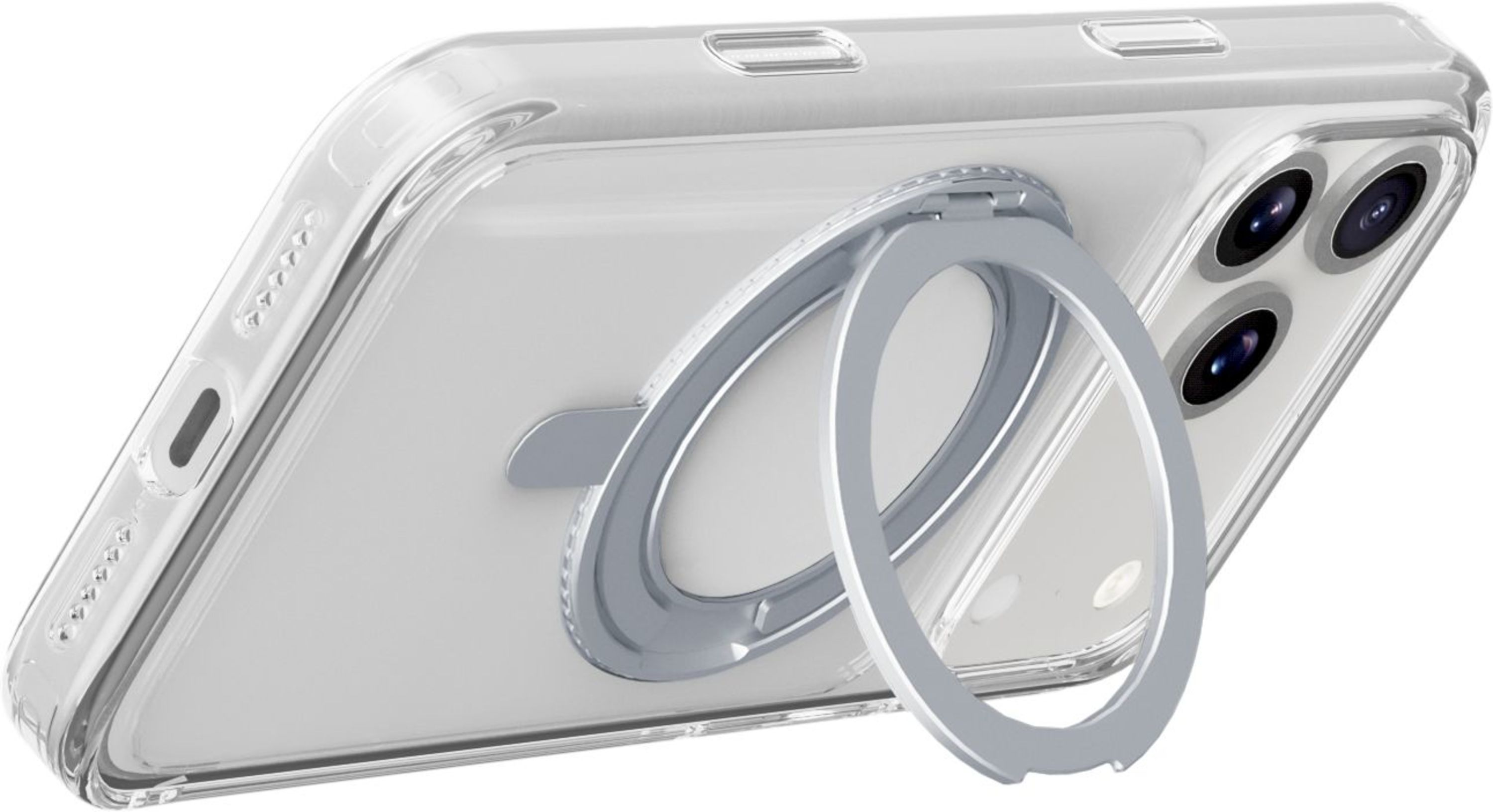 Transparente Handyhülle mit silbernem Ringständer. Die Hülle hat drei Kameralinsen. Der Ring ist hochgeklappt.