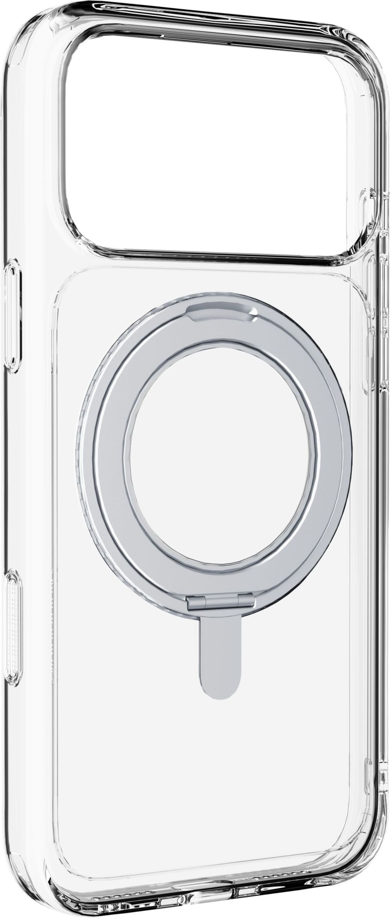 Transparente Handyhülle mit silbernem MagSafe-Ring. Die Hülle ist rechteckig mit abgerundeten Ecken. Der Ring hat eine Lasche unten.