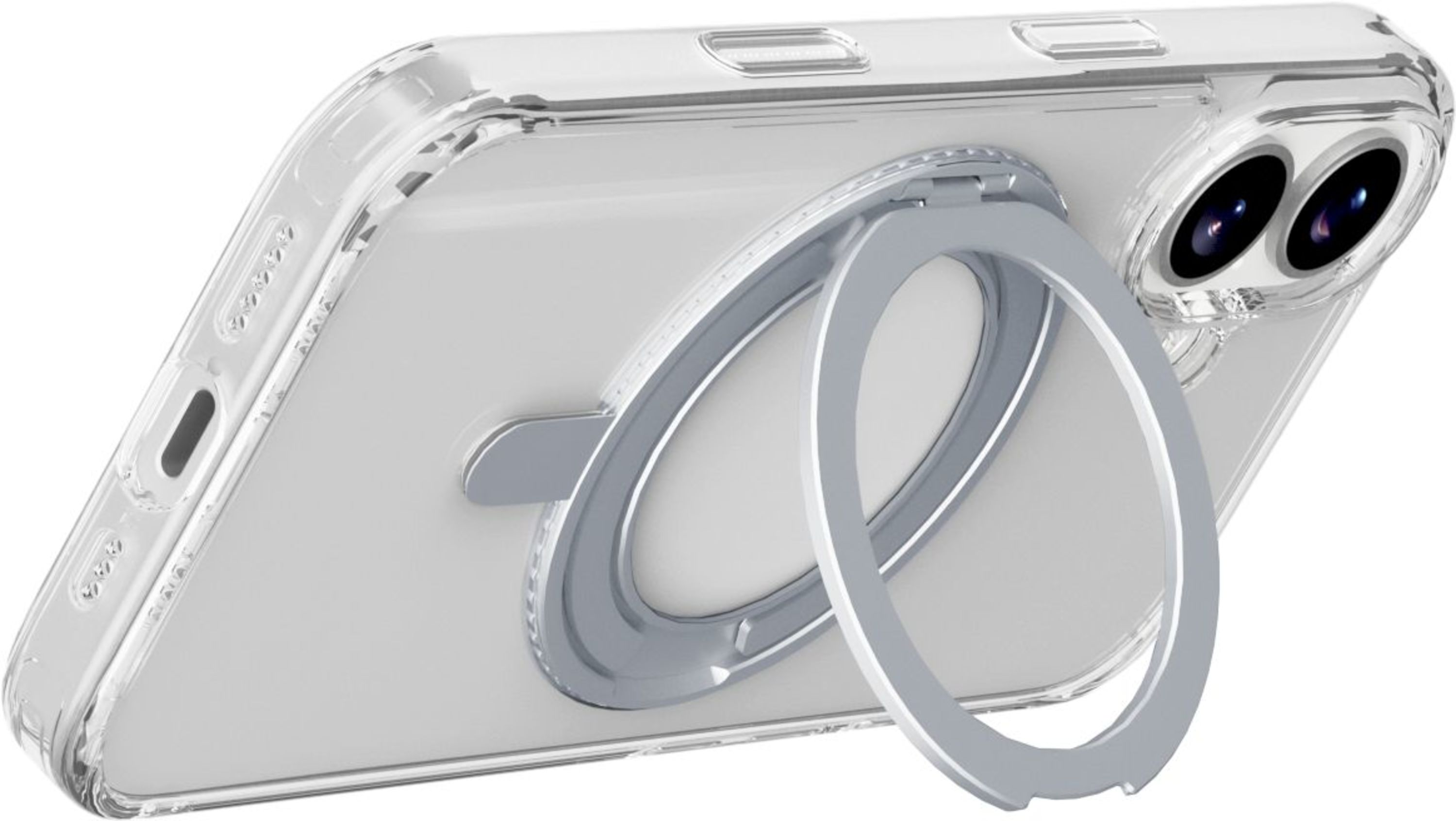 Transparente Handyhülle mit silbernem Ringgriff. Das Telefon hat zwei Kameralinsen. Die Hülle ist transparent mit weißem Hintergrund.