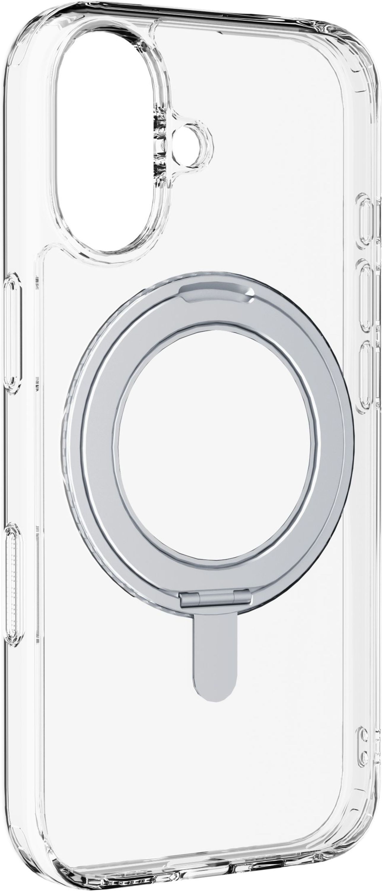 Eine transparente Handyhülle mit einem silbernen Ring und einer kleinen Lasche. Es hat Öffnungen für Kamera und Knöpfe.