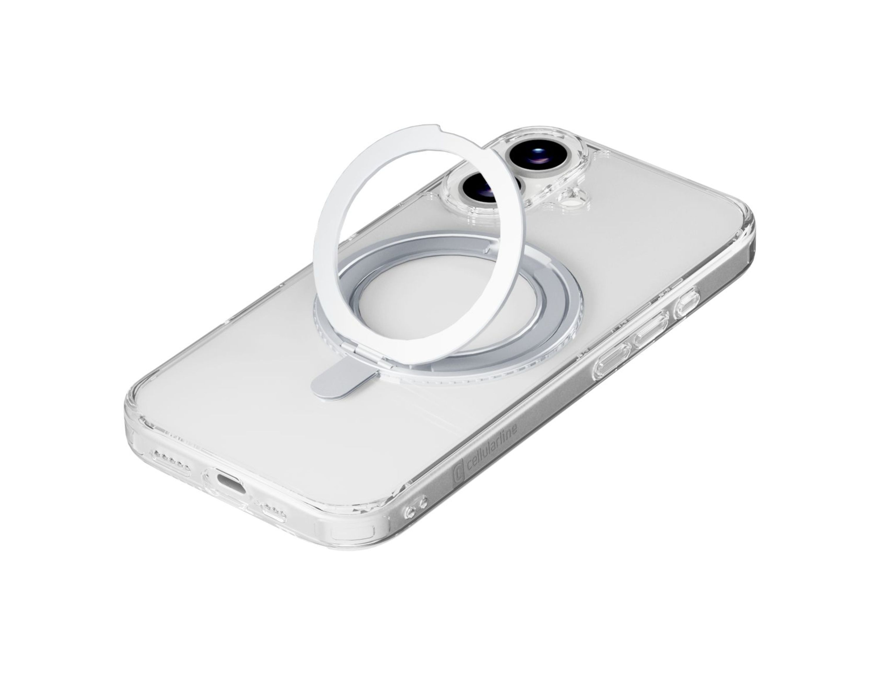 Transparente Handyhülle mit weißem Ringhalter. Das Telefon hat zwei Kameras.