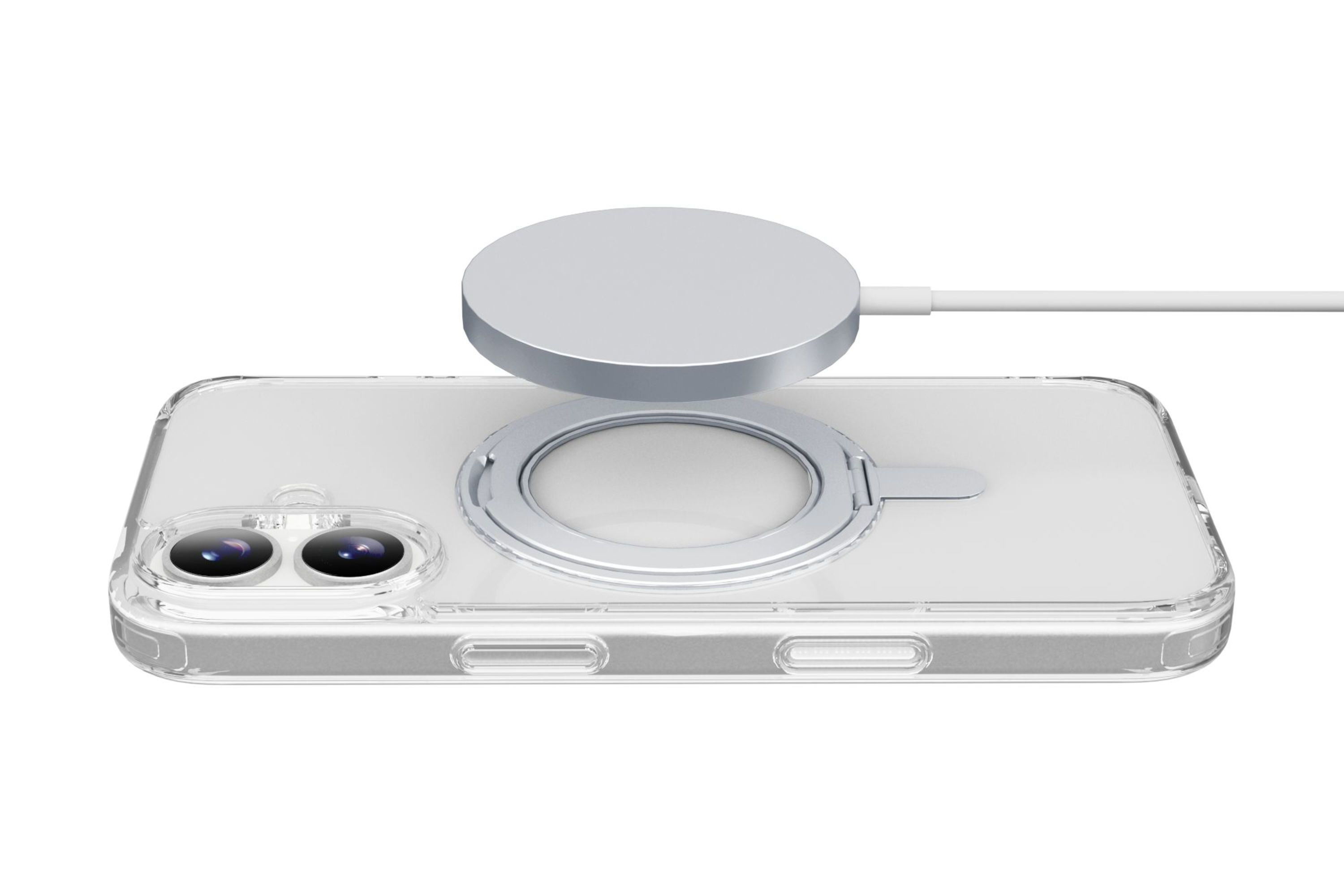 Eine transparente Handyhülle mit einem silbernen MagSafe-Ladegerät wird gezeigt. Das Ladegerät ist mit einem weißen Kabel verbunden.