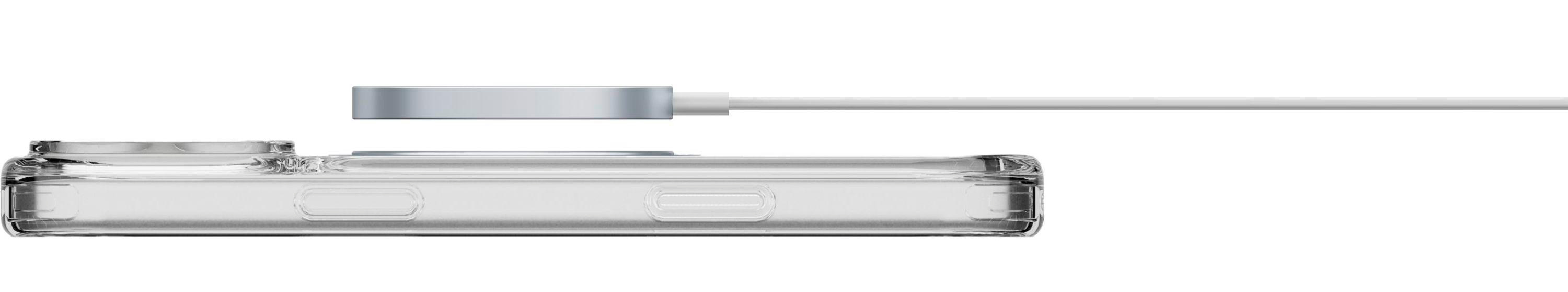 Eine transparente Handyhülle mit einem MagSafe-Ladegerät darüber. Das Ladegerät hat ein silbernes Äußeres und ein weißes Kabel.