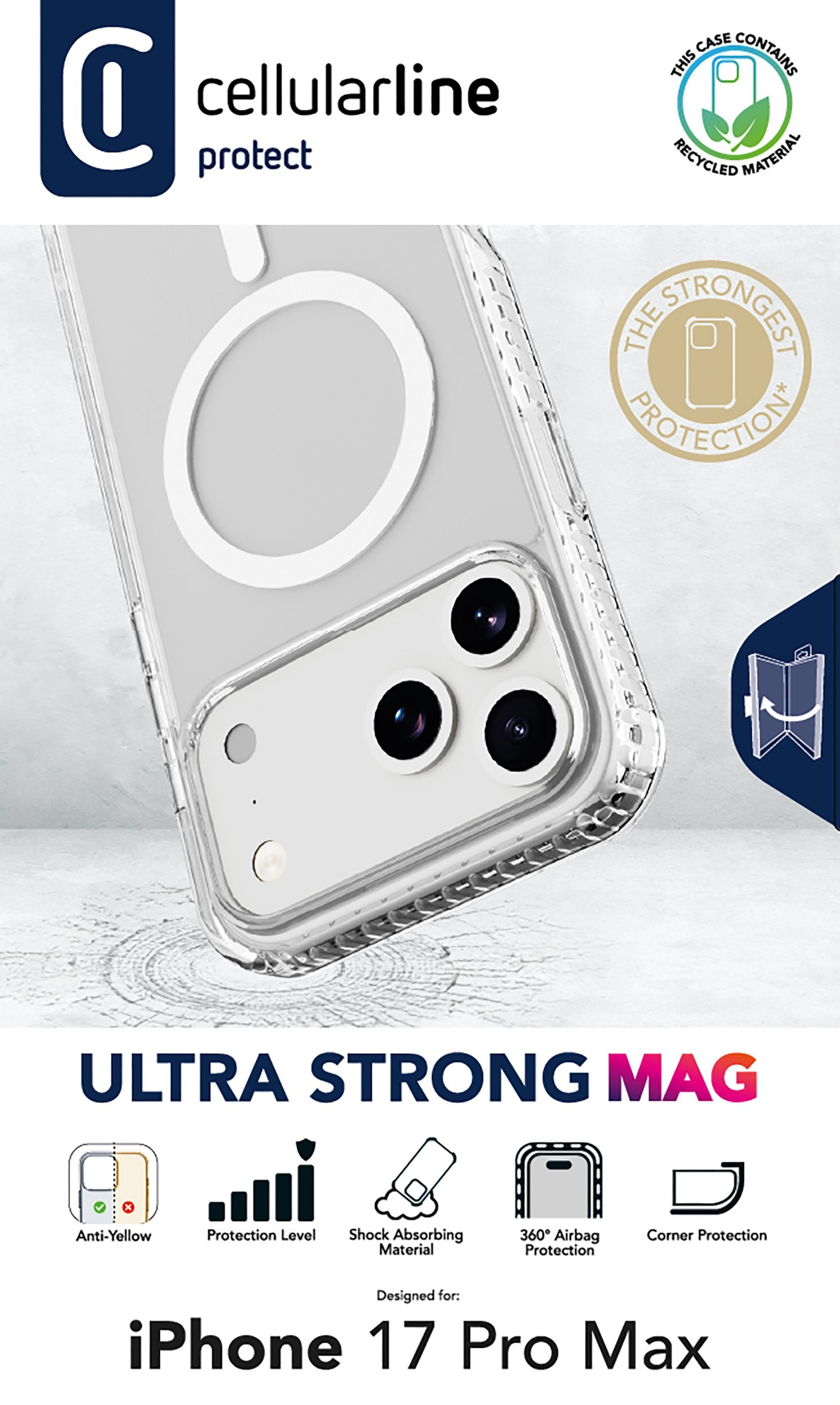 Eine klare Handyhülle mit weißem kreisförmigen Magneten. Text: 'ULTRA STRONG MAG' und 'iPhone 17 Pro Max'.
