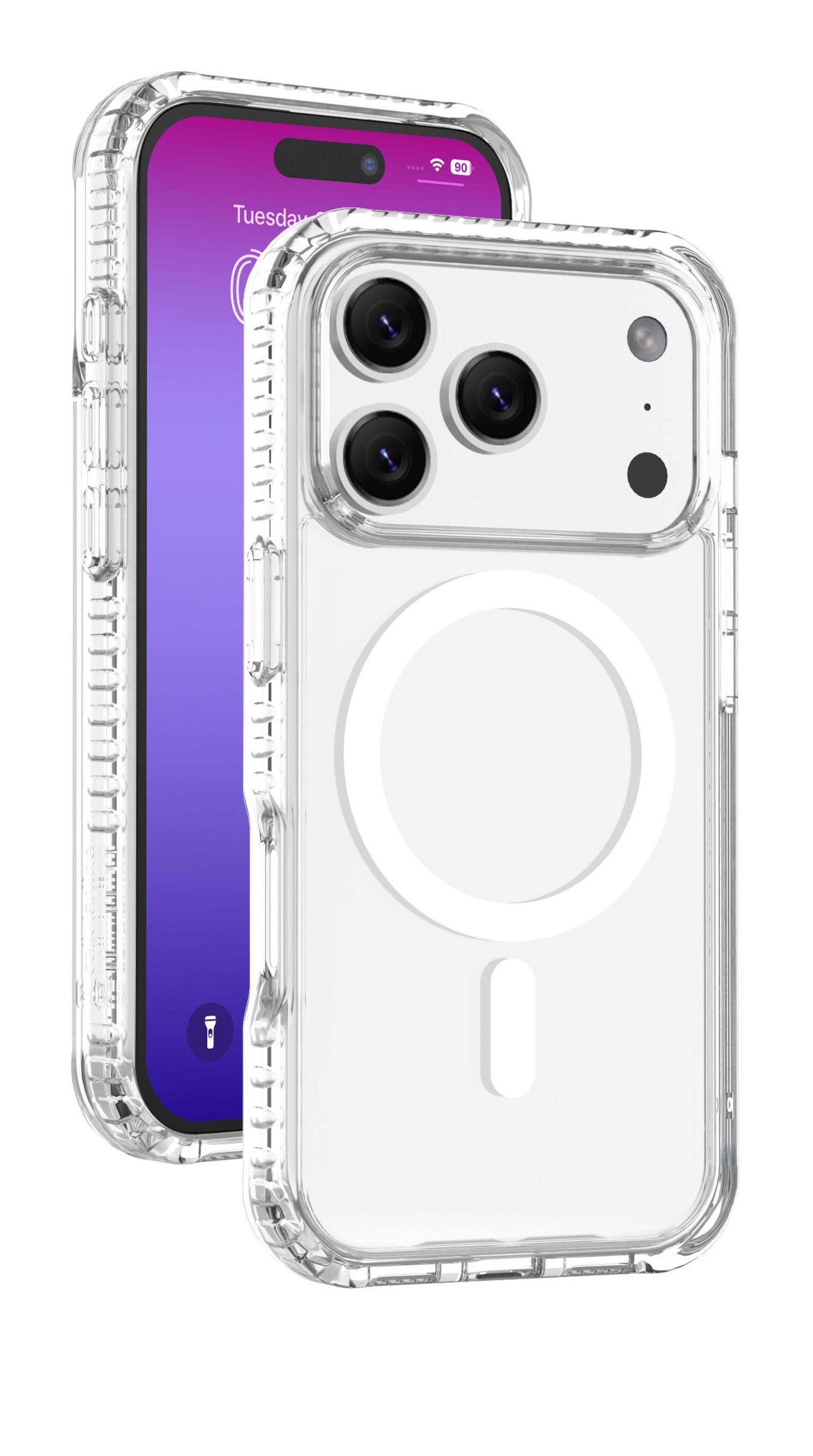 Ein iPhone in einer durchsichtigen Hülle, das den Bildschirm zeigt. Der Bildschirm zeigt 'Dienstag'. Die Hülle hat einen MagSafe-Kreis.